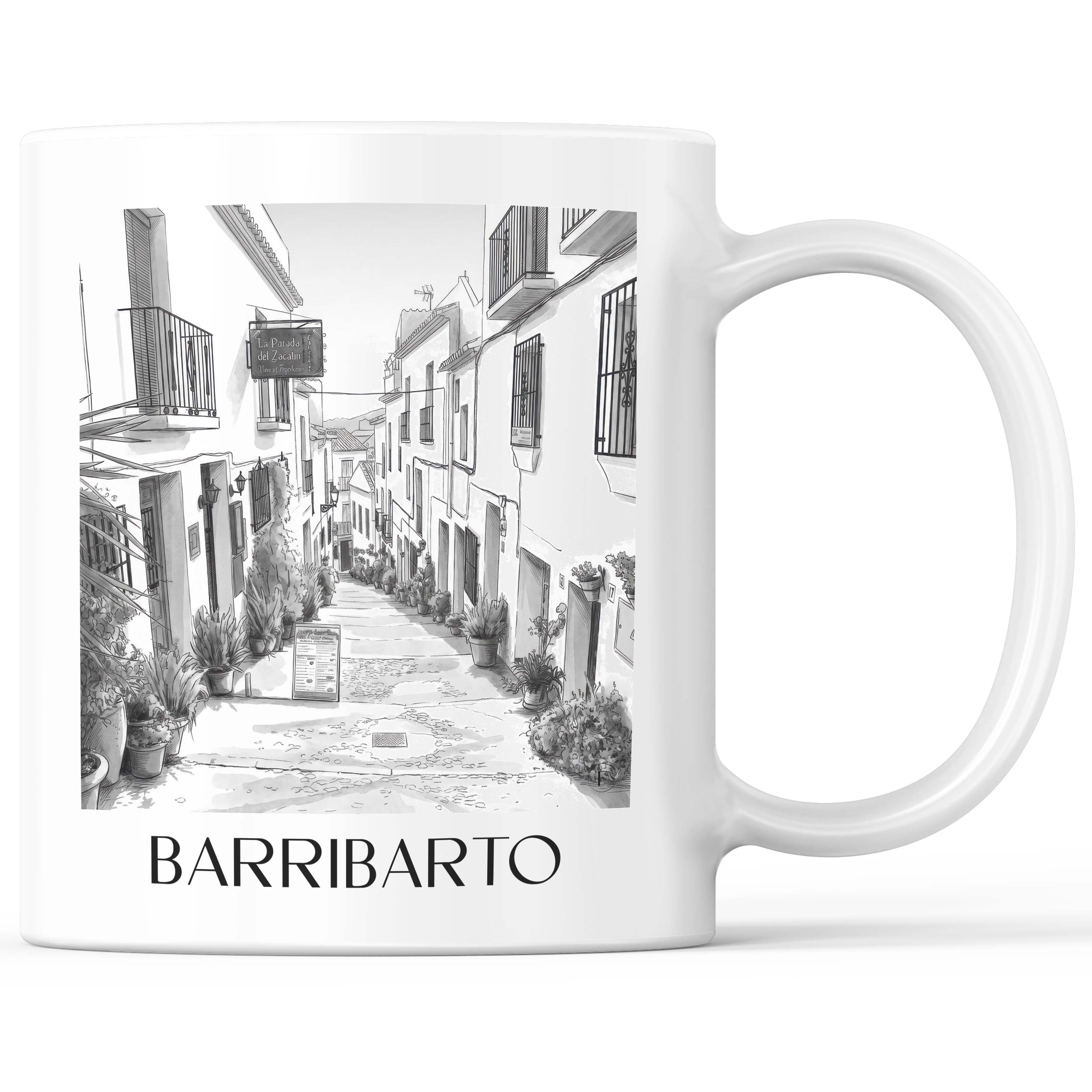 Barribarto Kaffeebecher - Frigiliana - Spanien Becher - Kaffeetasse im Aquarell Schwarz-Weiß Stil - favplace