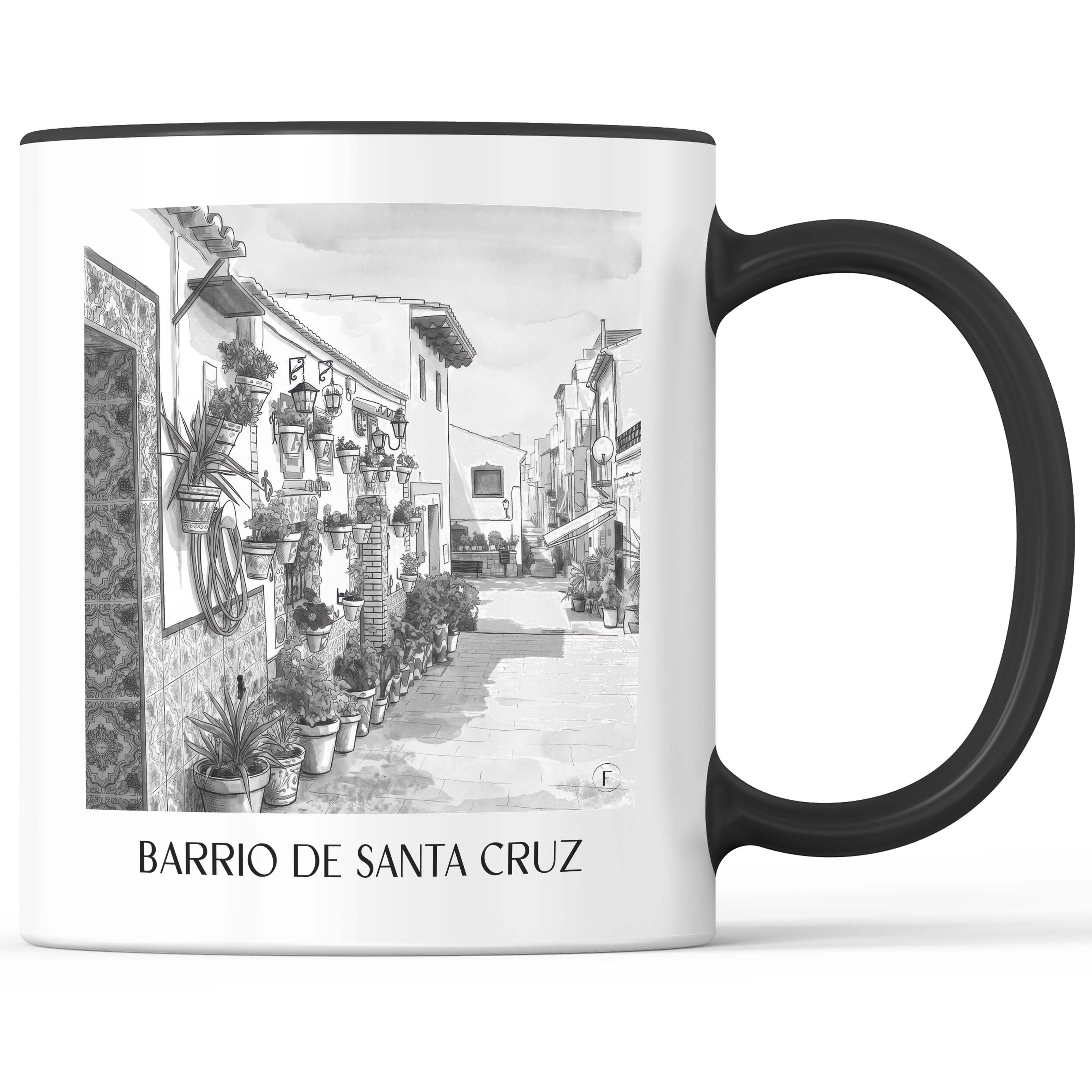 barrio-de-santa-cruz-alicante-spanien-kaffeebecher-aquarell-schwarz-weiss