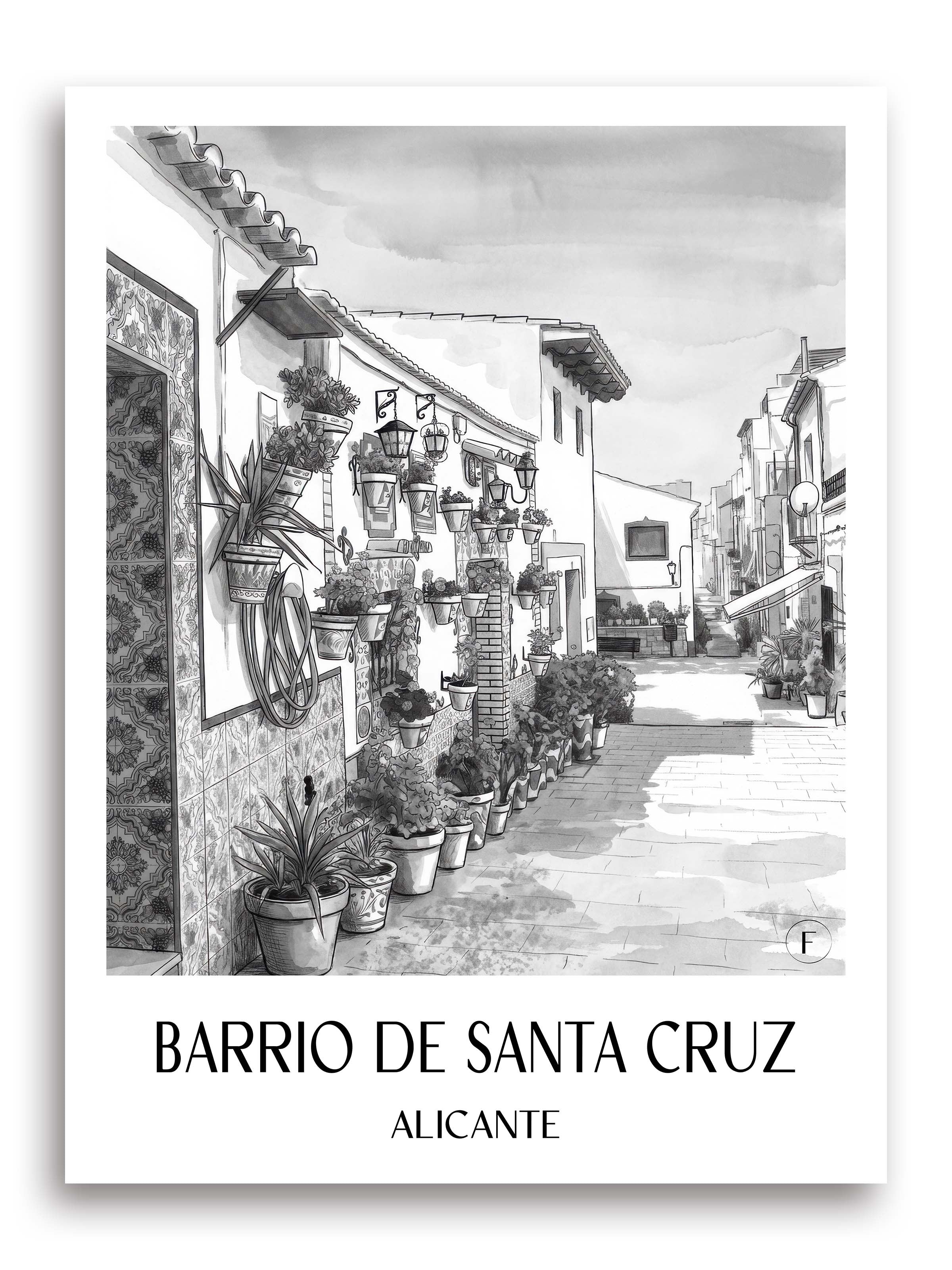 barrio-de-santa-cruz-alicante-spanien-poster-aquarell-schwarz-weiss