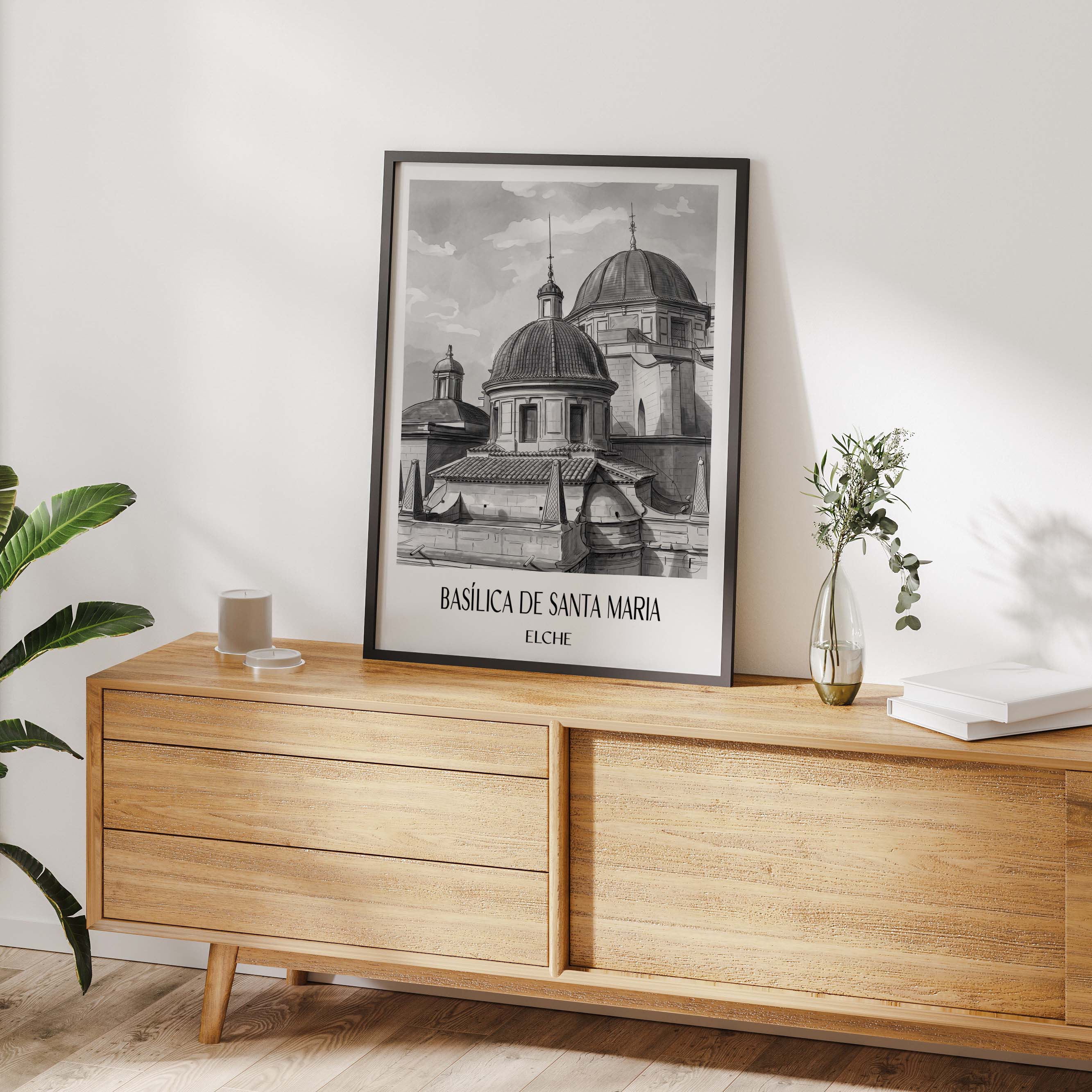 basílica-de-santa-maria-elche-spanien-poster-aquarell-schwarz-weiss