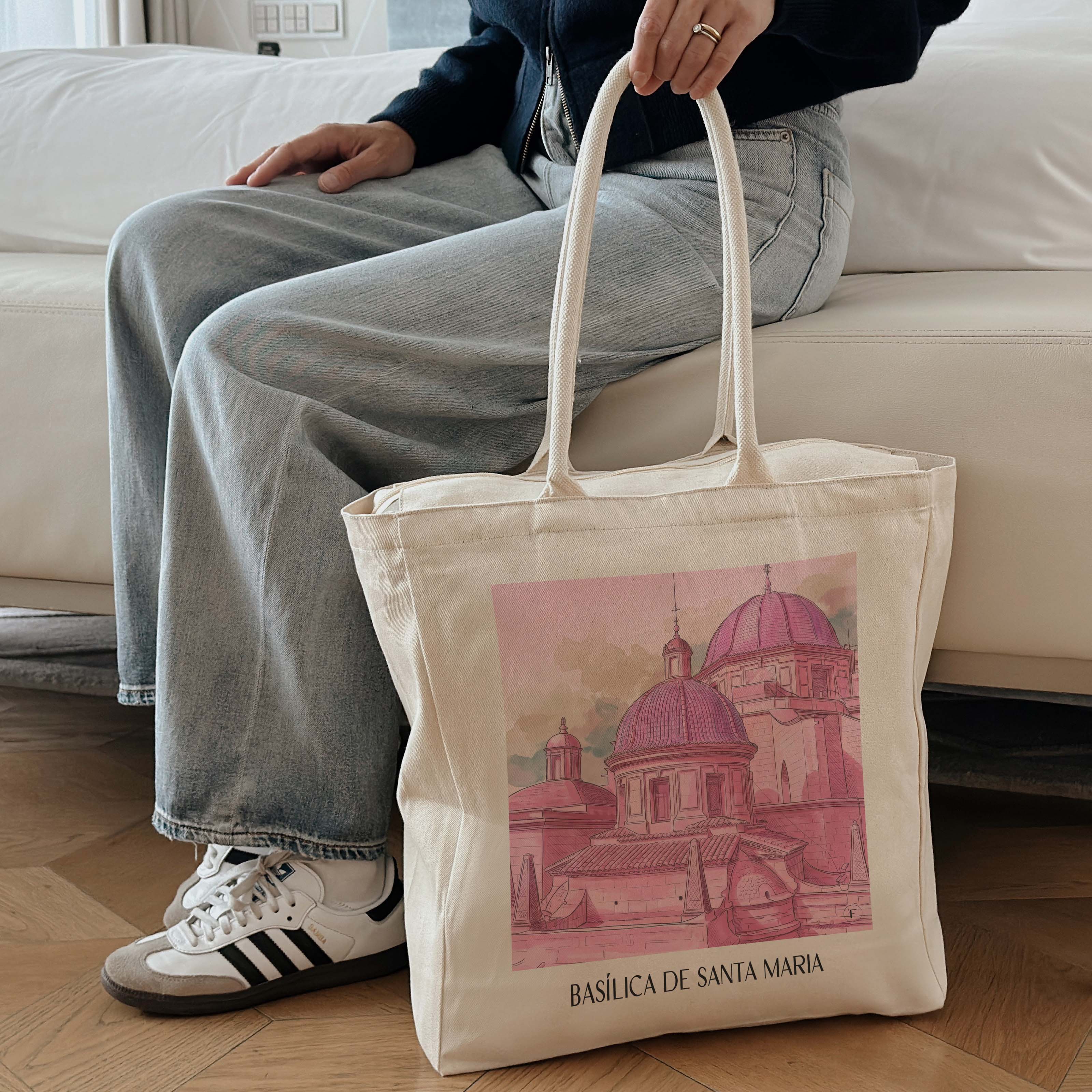 basílica-de-santa-maria-elche-spanien-einkaufstasche-aquarell-pink-rosa