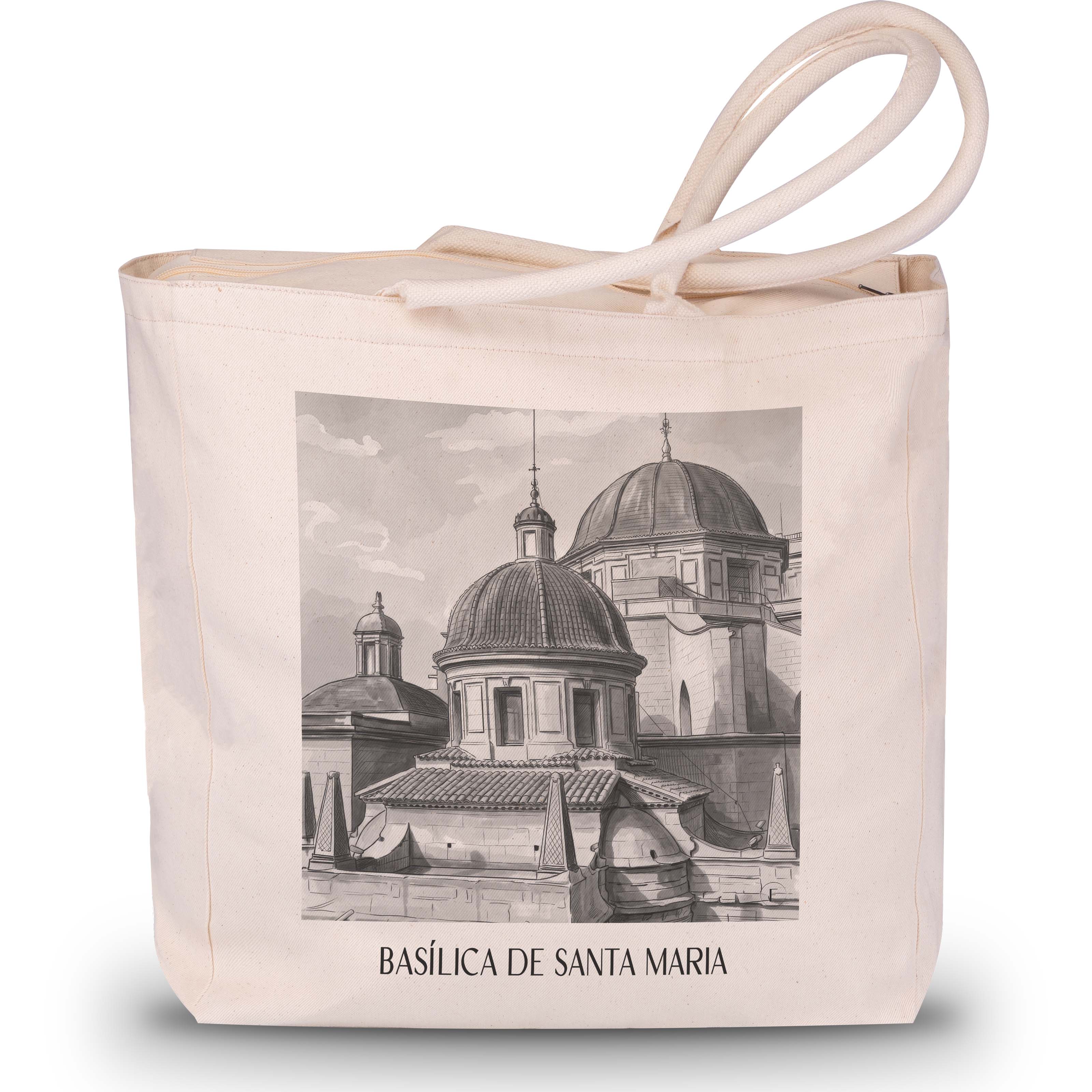 basílica-de-santa-maria-elche-spanien-einkaufstasche-aquarell-schwarz-weiss