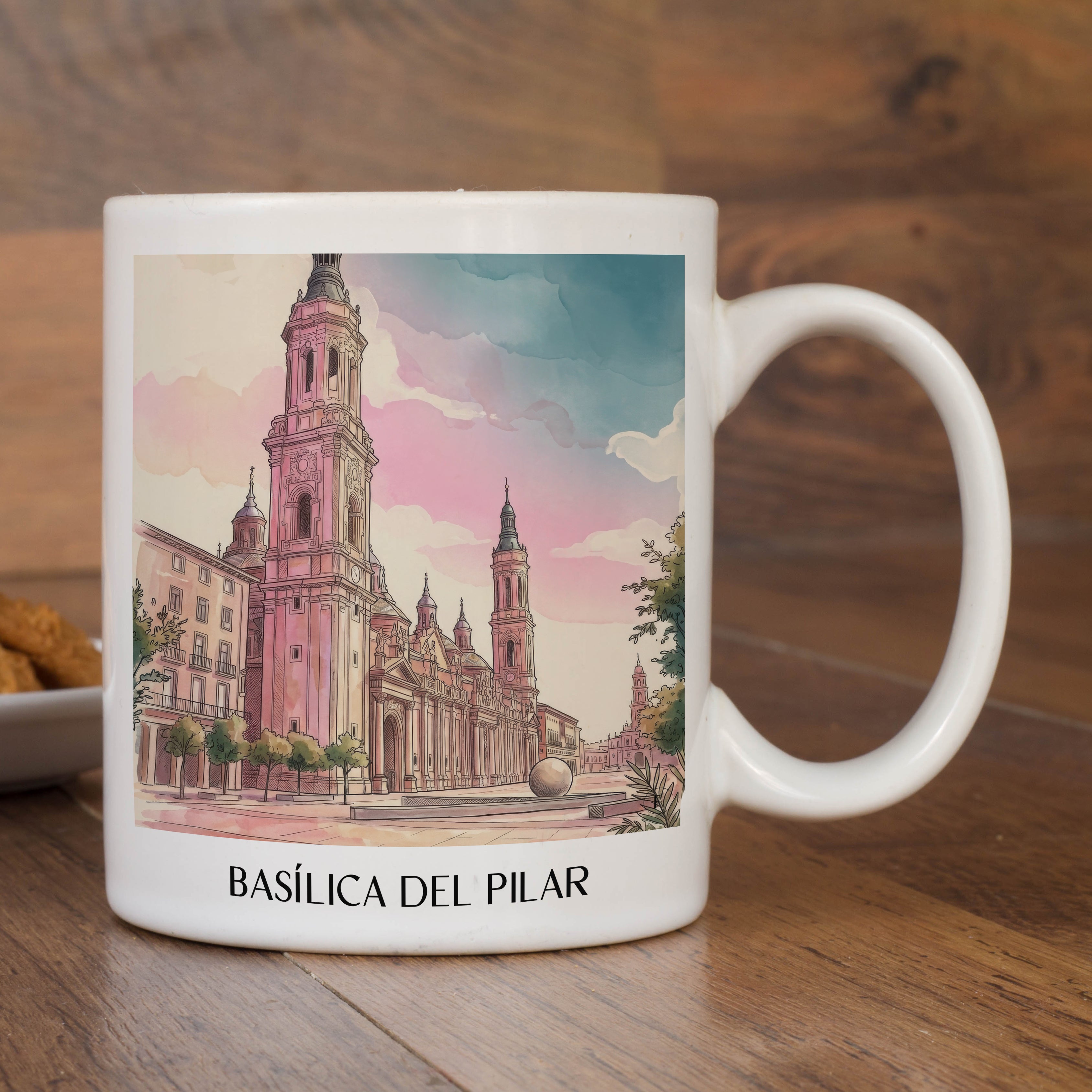 basílica-del-pilar-zaragoza-spanien-kaffeebecher-aquarell-pink-rosa