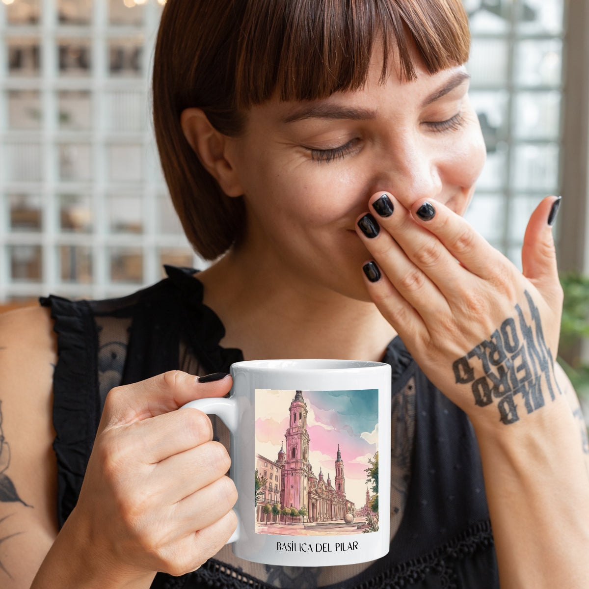 basílica-del-pilar-zaragoza-spanien-kaffeebecher-aquarell-pink-rosa