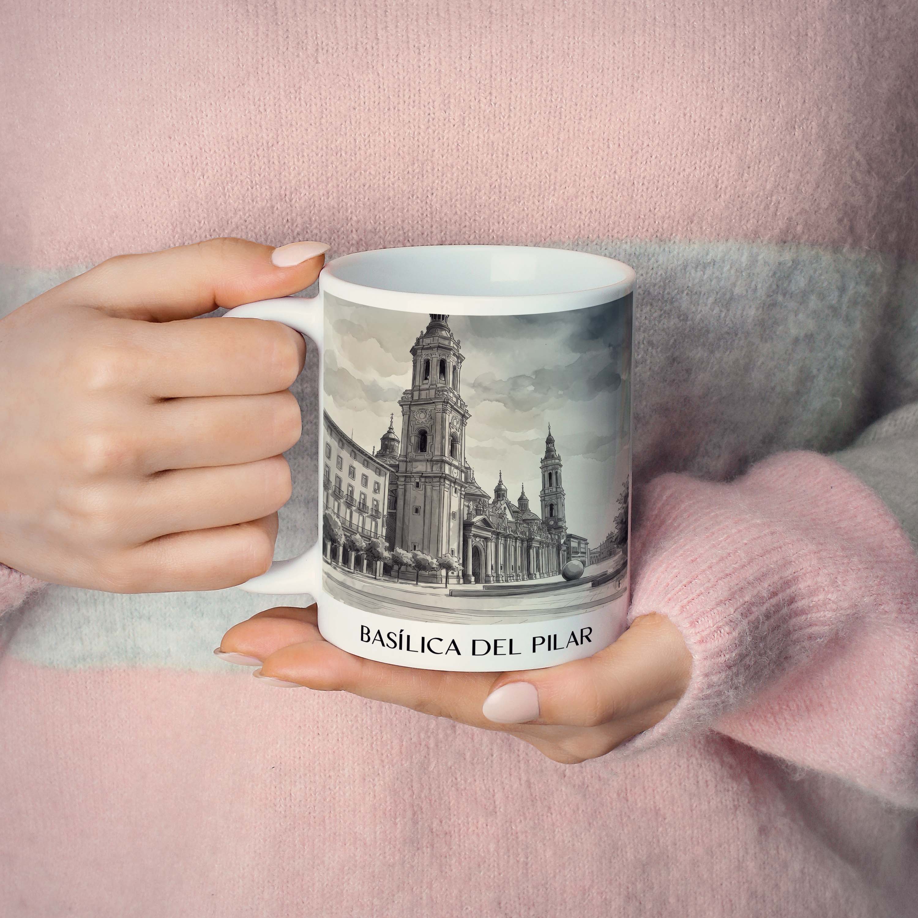 basílica-del-pilar-zaragoza-spanien-kaffeebecher-aquarell-schwarz-weiss