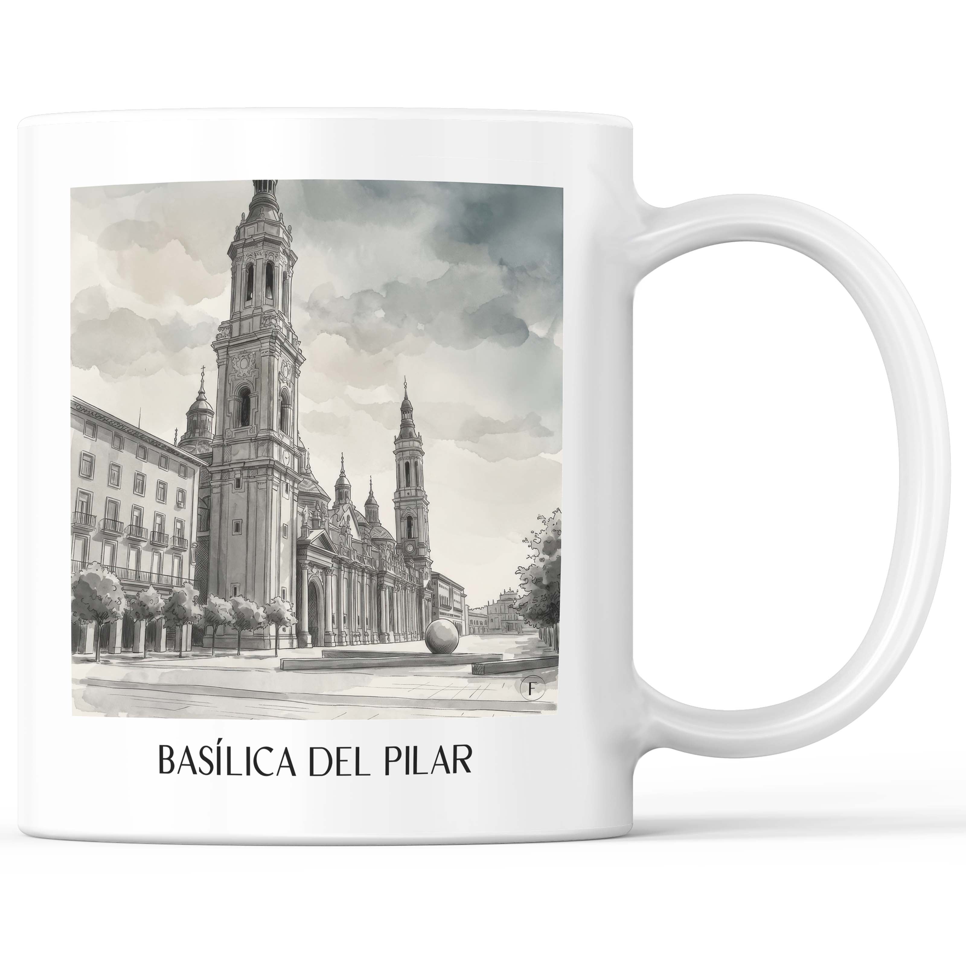 Basílica del Pilar Kaffeebecher - Zaragoza - Spanien Becher - Kaffeetasse im Aquarell Schwarz-Weiß Stil - favplace