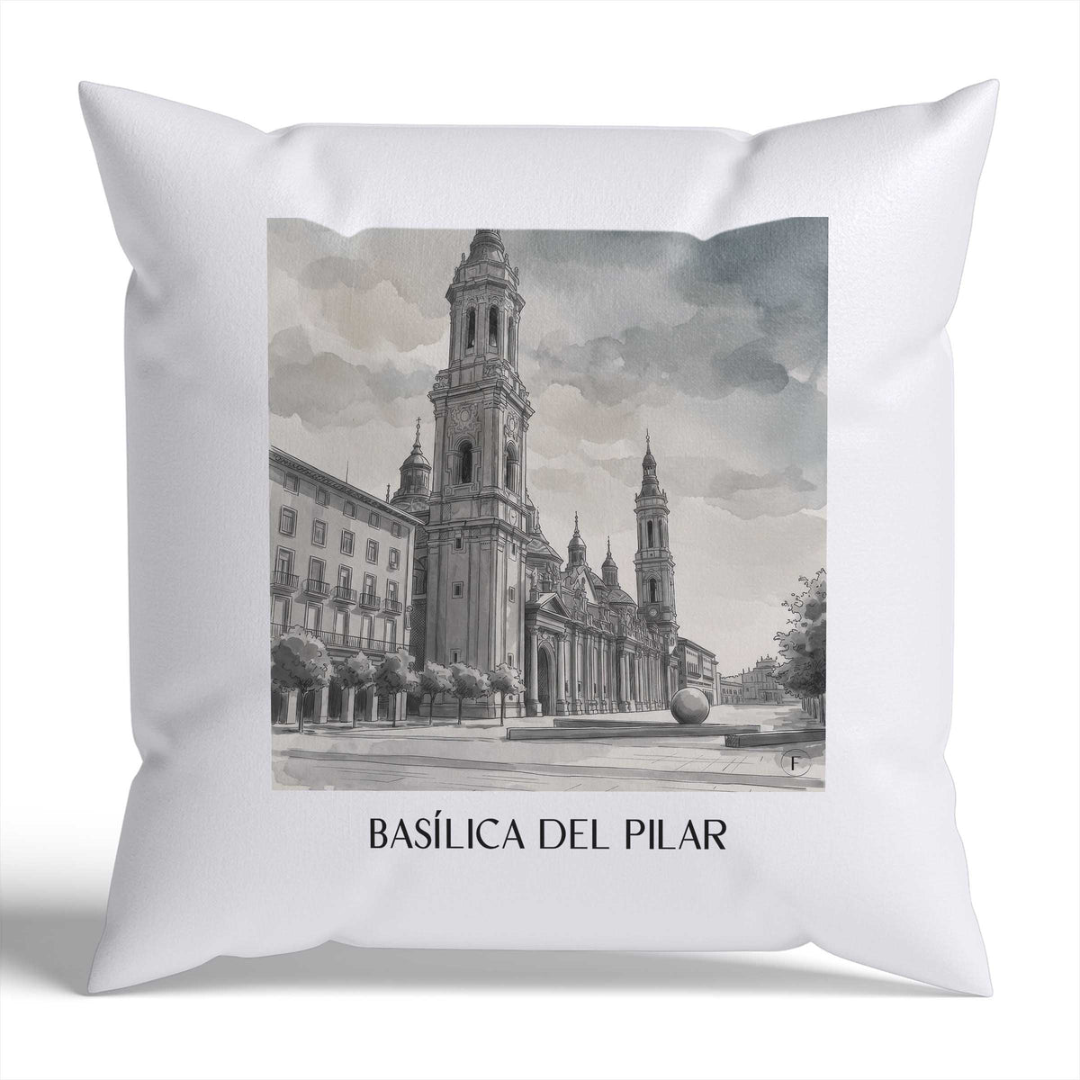 basílica-del-pilar-zaragoza-spanien-kissenbezug-aquarell-schwarz-weiss