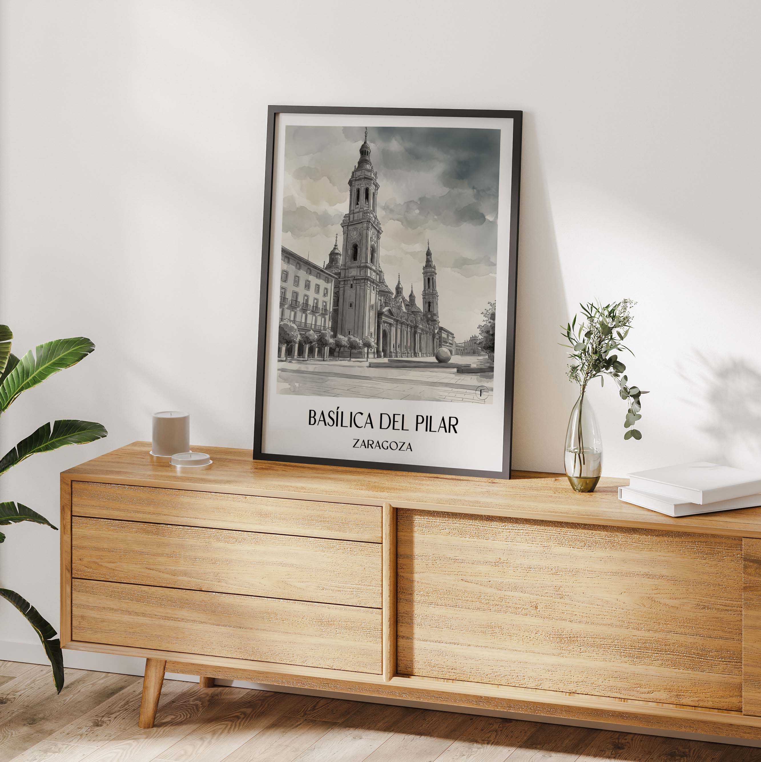 basílica-del-pilar-zaragoza-spanien-poster-aquarell-schwarz-weiss