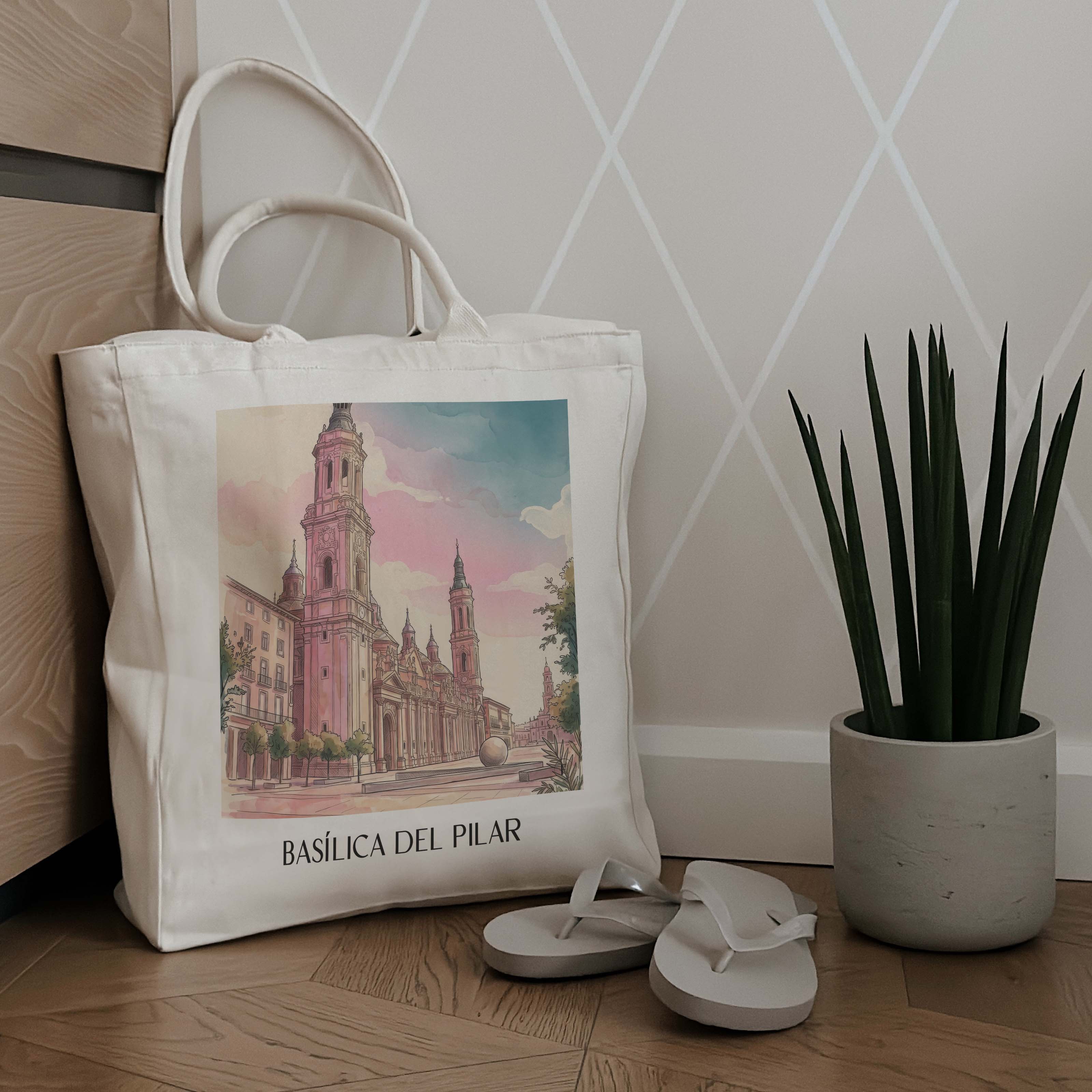 basílica-del-pilar-zaragoza-spanien-einkaufstasche-aquarell-pink-rosa