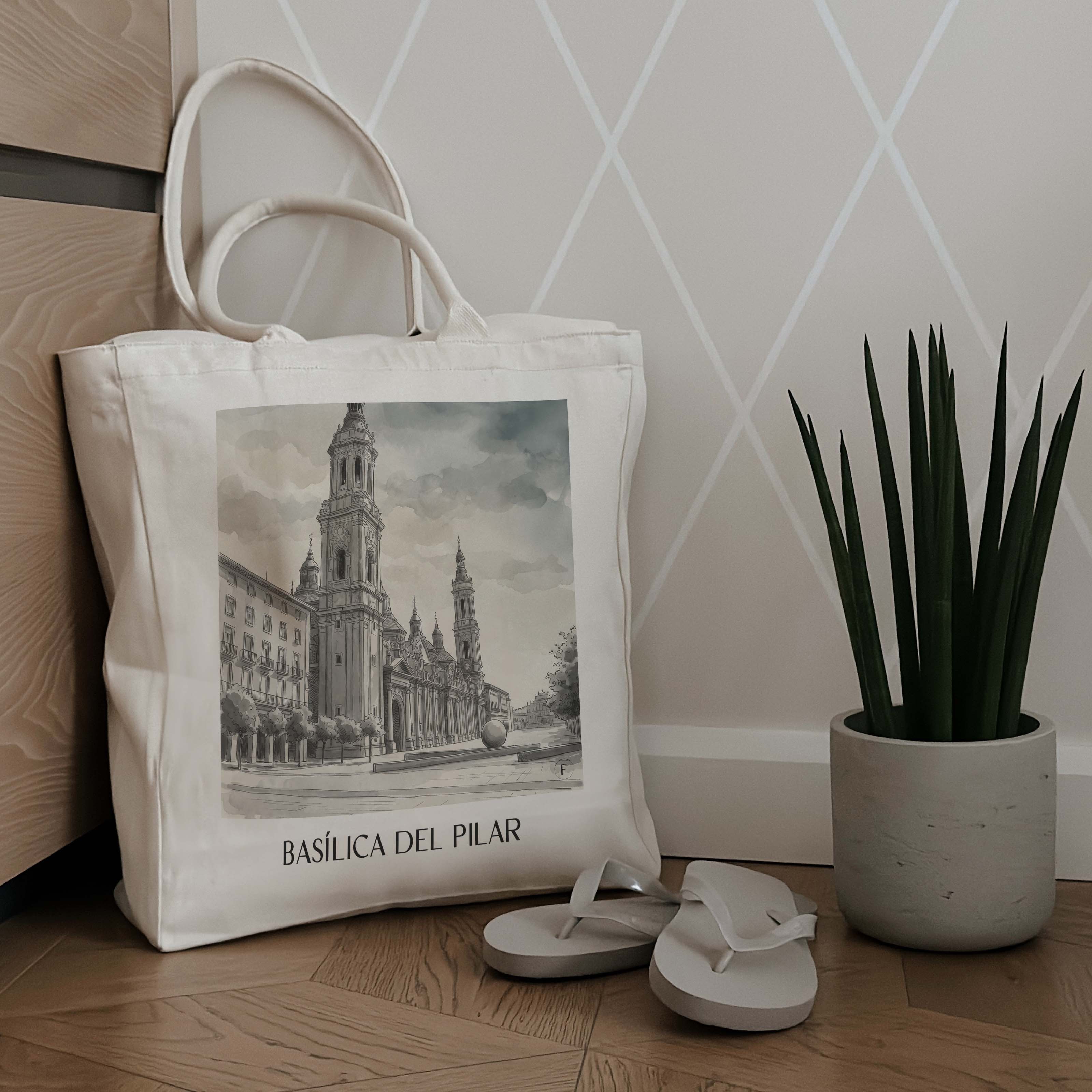 basílica-del-pilar-zaragoza-spanien-einkaufstasche-aquarell-schwarz-weiss