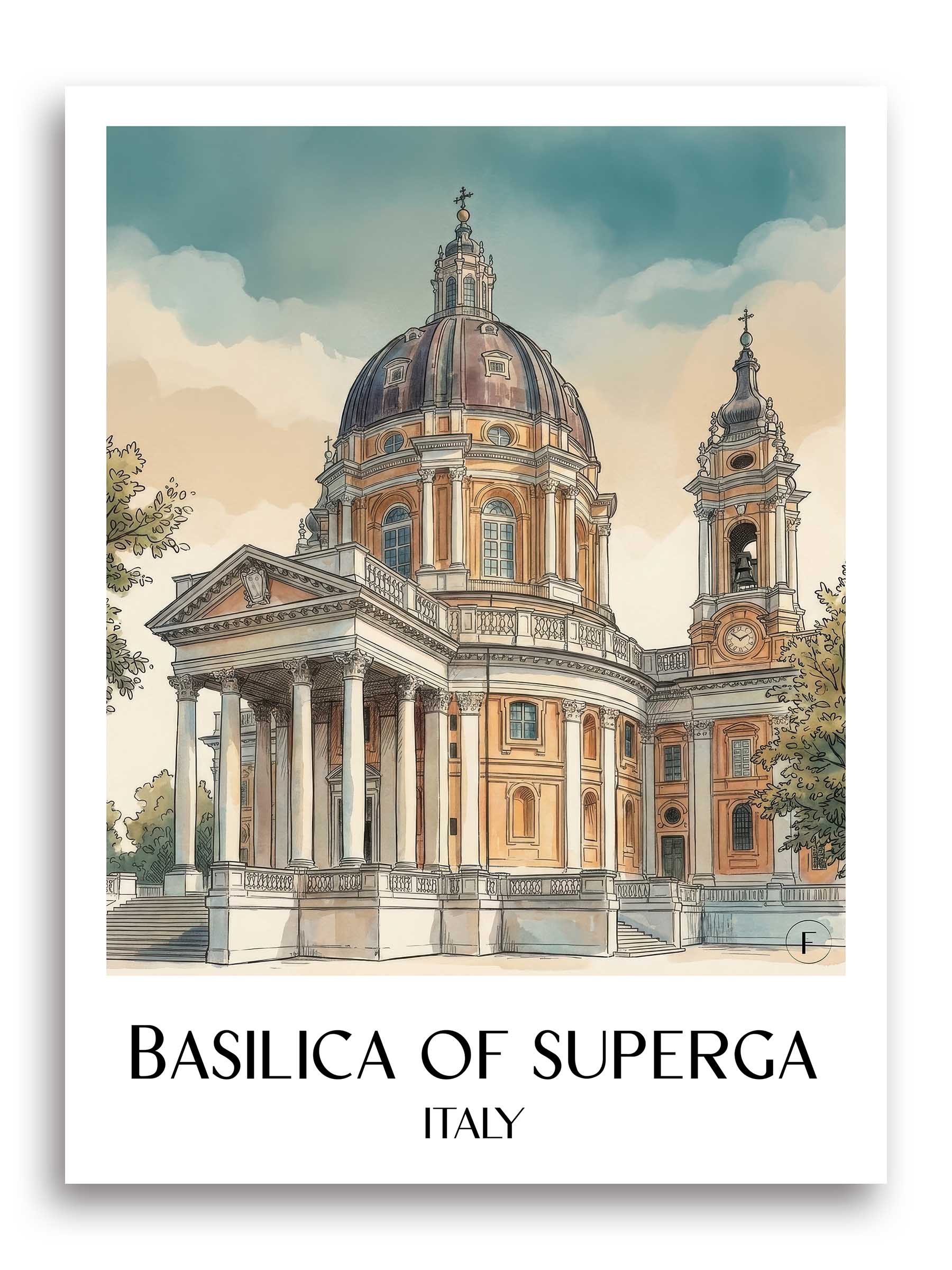 Basilica di Superga Poster - Turin - Italien Kunstdruck - Aquarell von A4 bis A1 - favplace