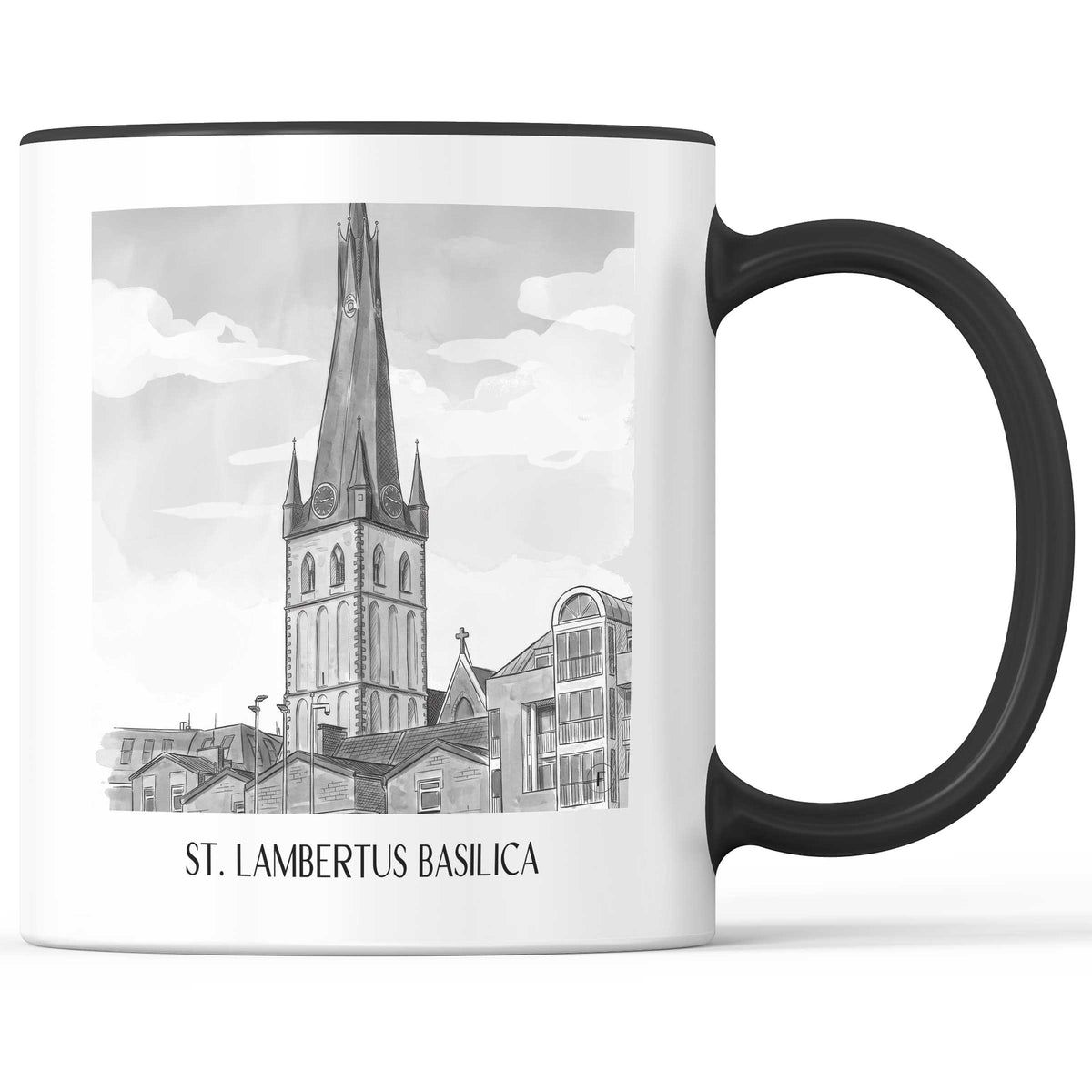 Basilika St. Lambertus Kaffeebecher - Düsseldorf - Deutschland Becher - Kaffeetasse im Aquarell Schwarz-Weiß Stil - favplace