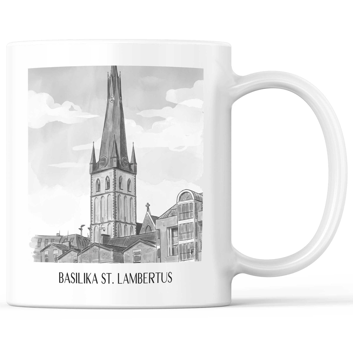 Basilika St. Lambertus Kaffeebecher - Düsseldorf - Deutschland Becher - Kaffeetasse im Aquarell Schwarz-Weiß Stil - favplace