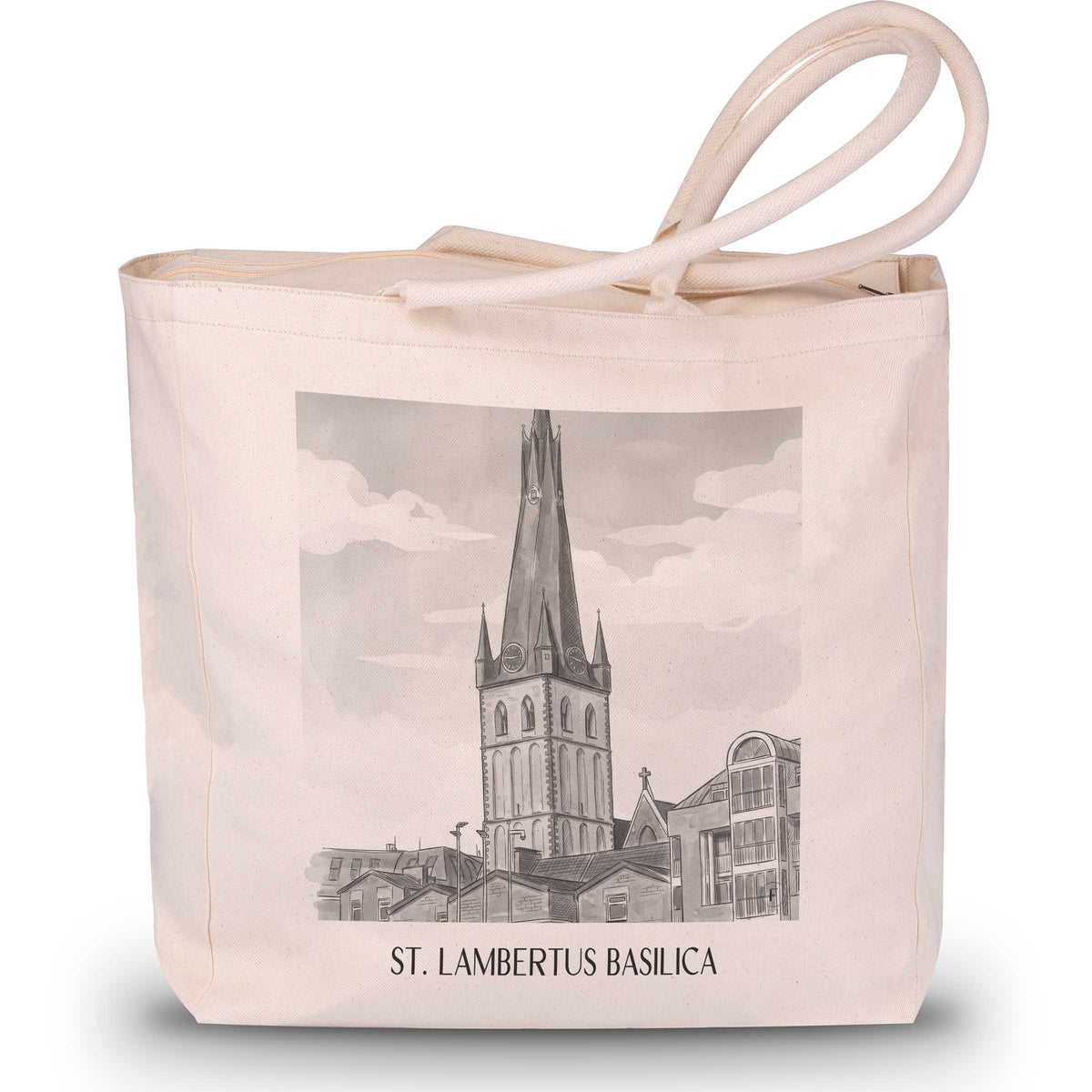 Basilika St. Lambertus Shopping Tasche - Düsseldorf - Deutschland Tote Bag - Einkaufstasche im Aquarell Schwarz-Weiß Stil - favplace