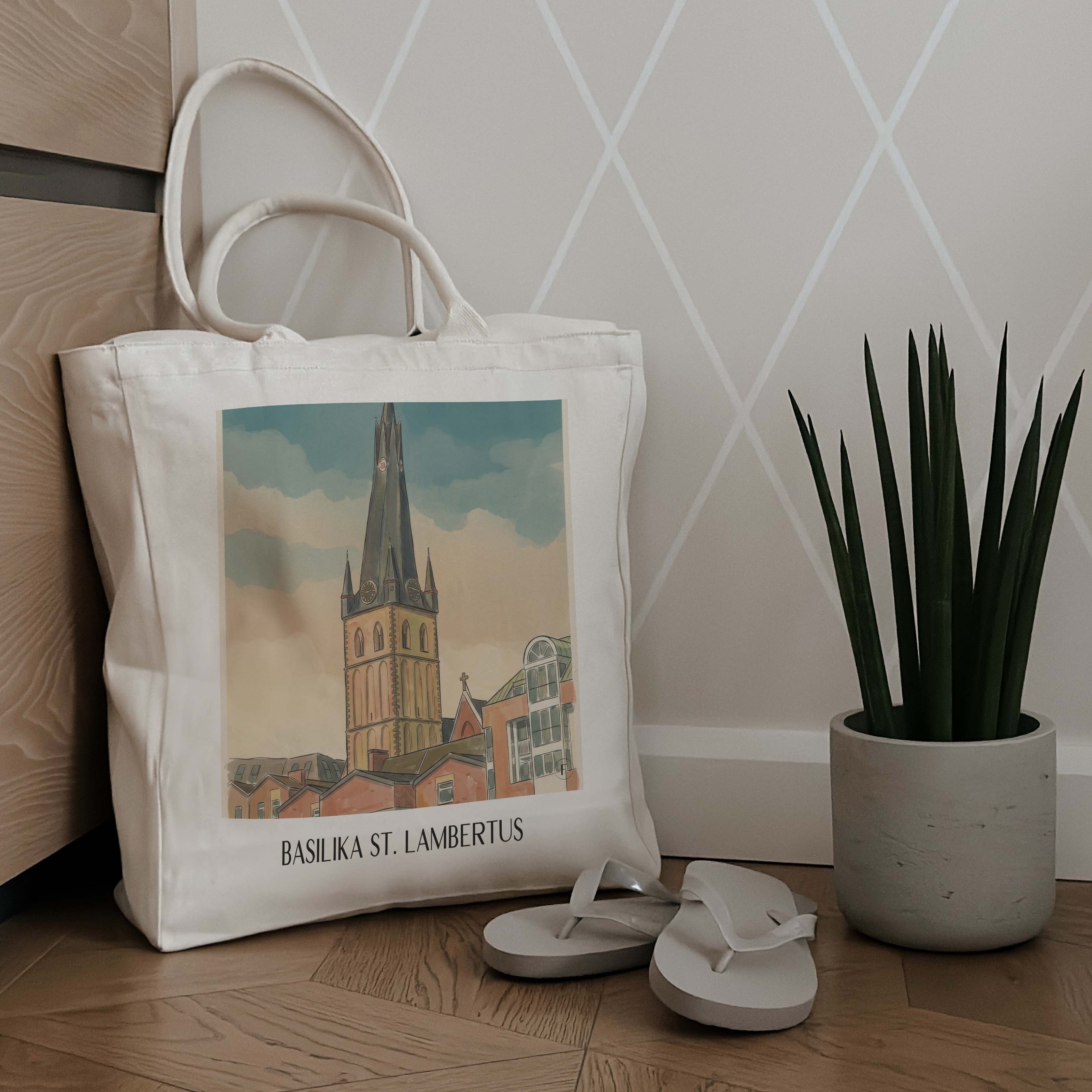 basilika-st.-lambertus-düsseldorf-deutschland-einkaufstasche-aquarell