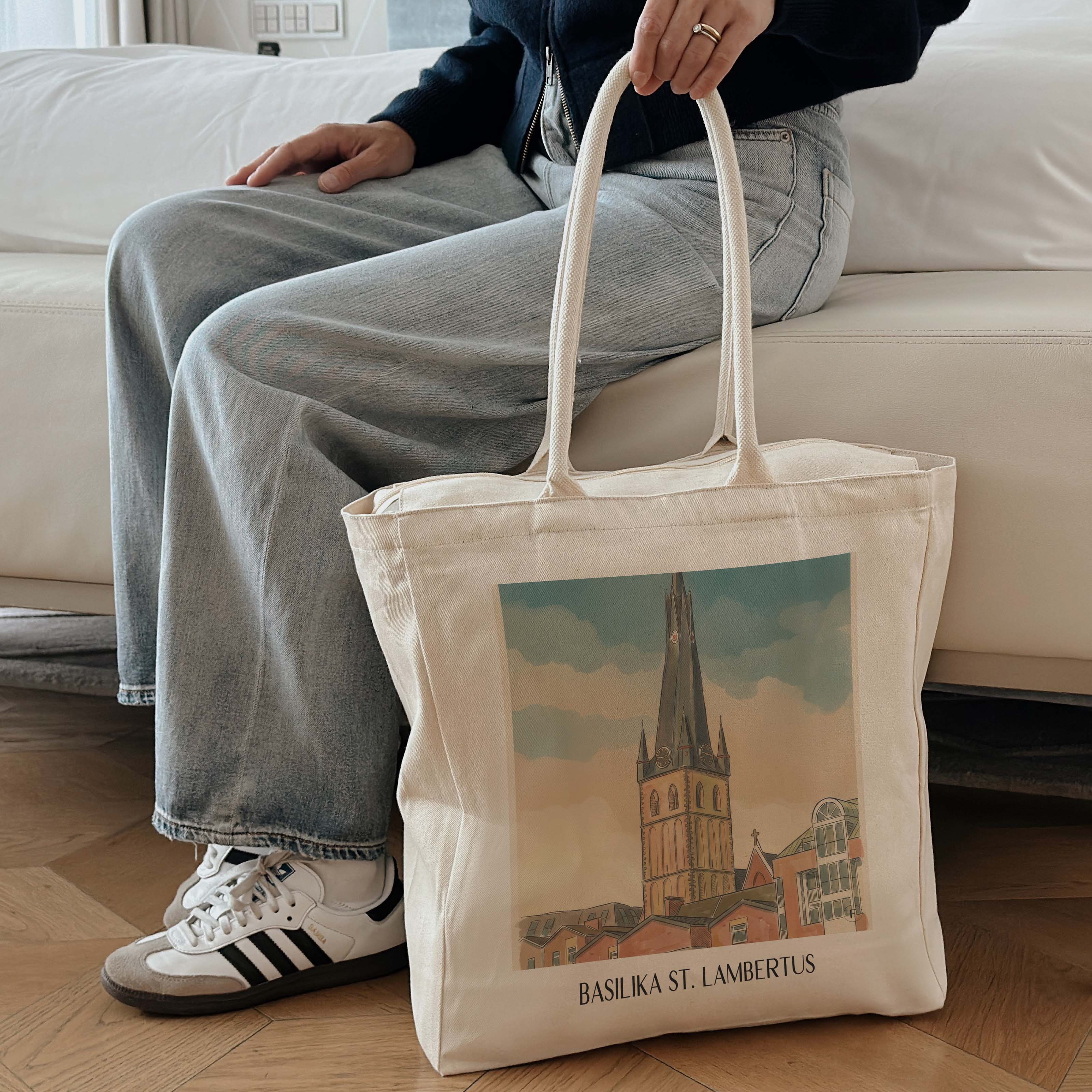 basilika-st.-lambertus-düsseldorf-deutschland-einkaufstasche-aquarell