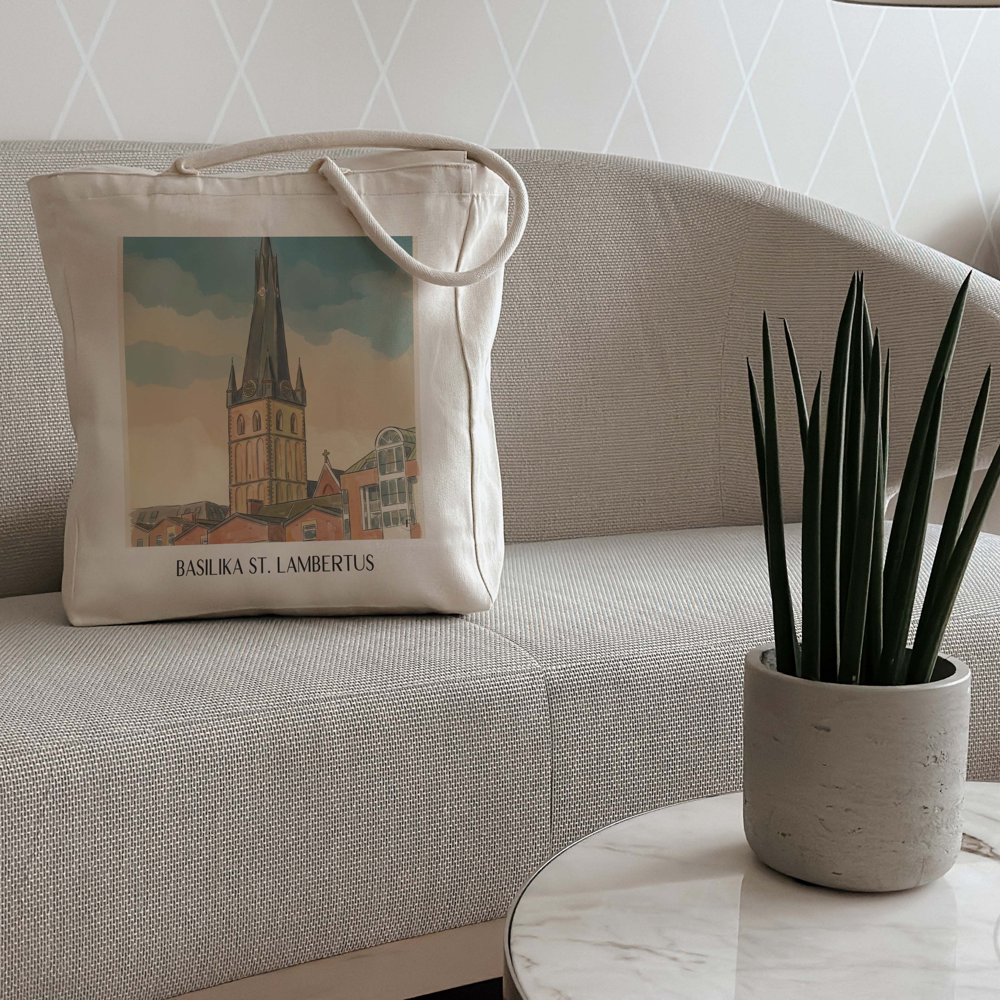 basilika-st.-lambertus-düsseldorf-deutschland-einkaufstasche-aquarell