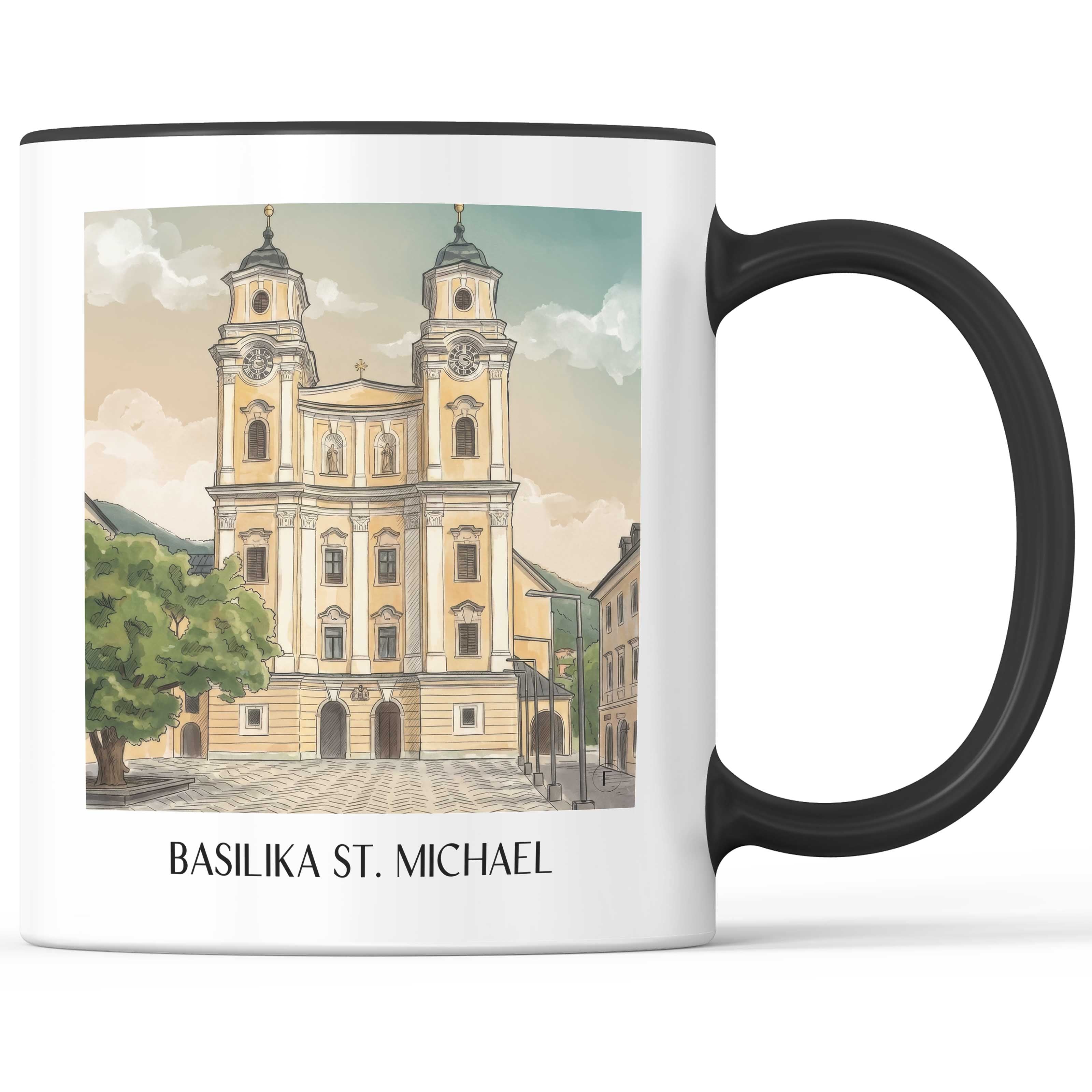 basilika-st.-michael-mondsee-österreich-kaffeebecher-aquarell