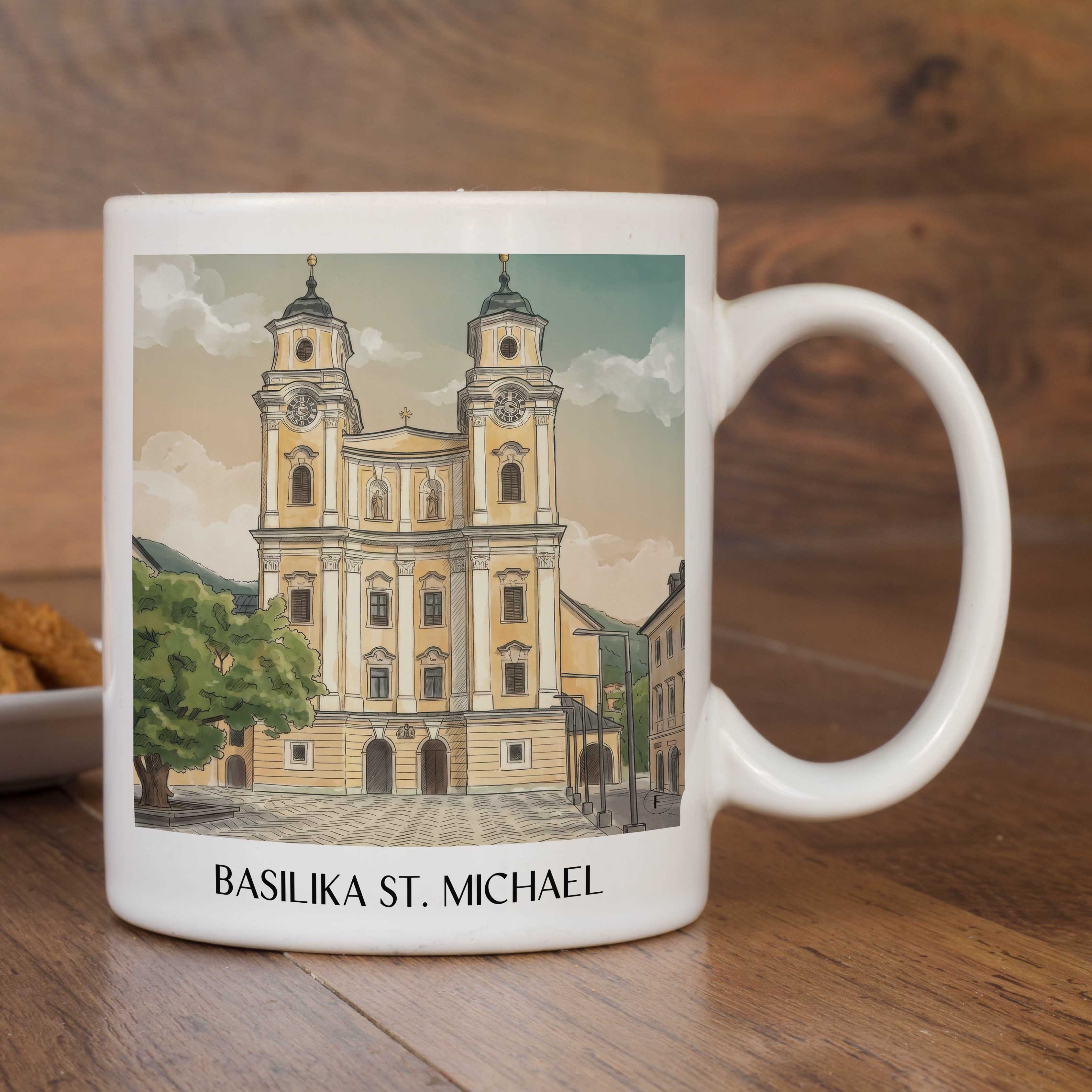 basilika-st.-michael-mondsee-österreich-kaffeebecher-aquarell