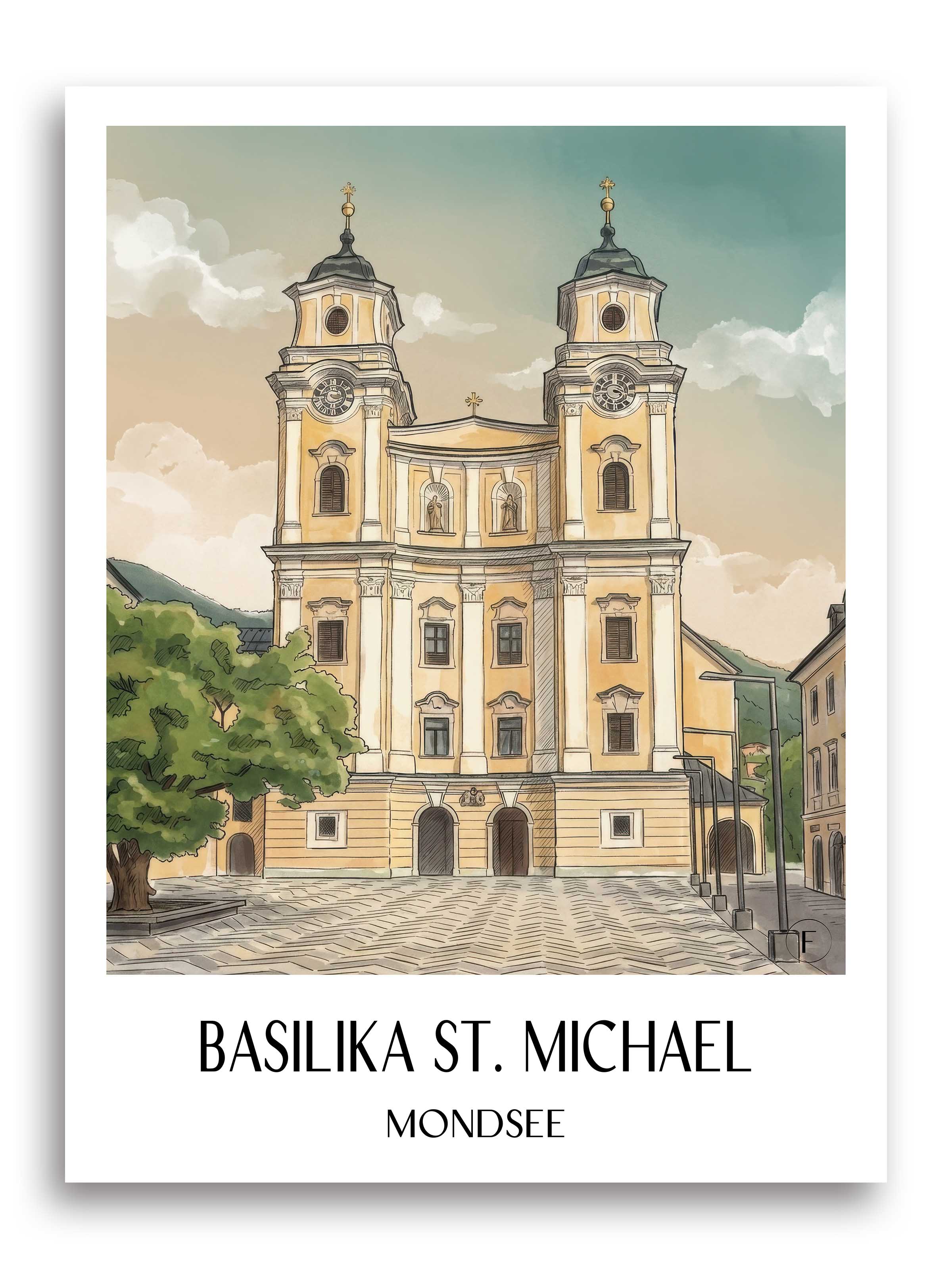 basilika-st.-michael-mondsee-österreich-poster-aquarell