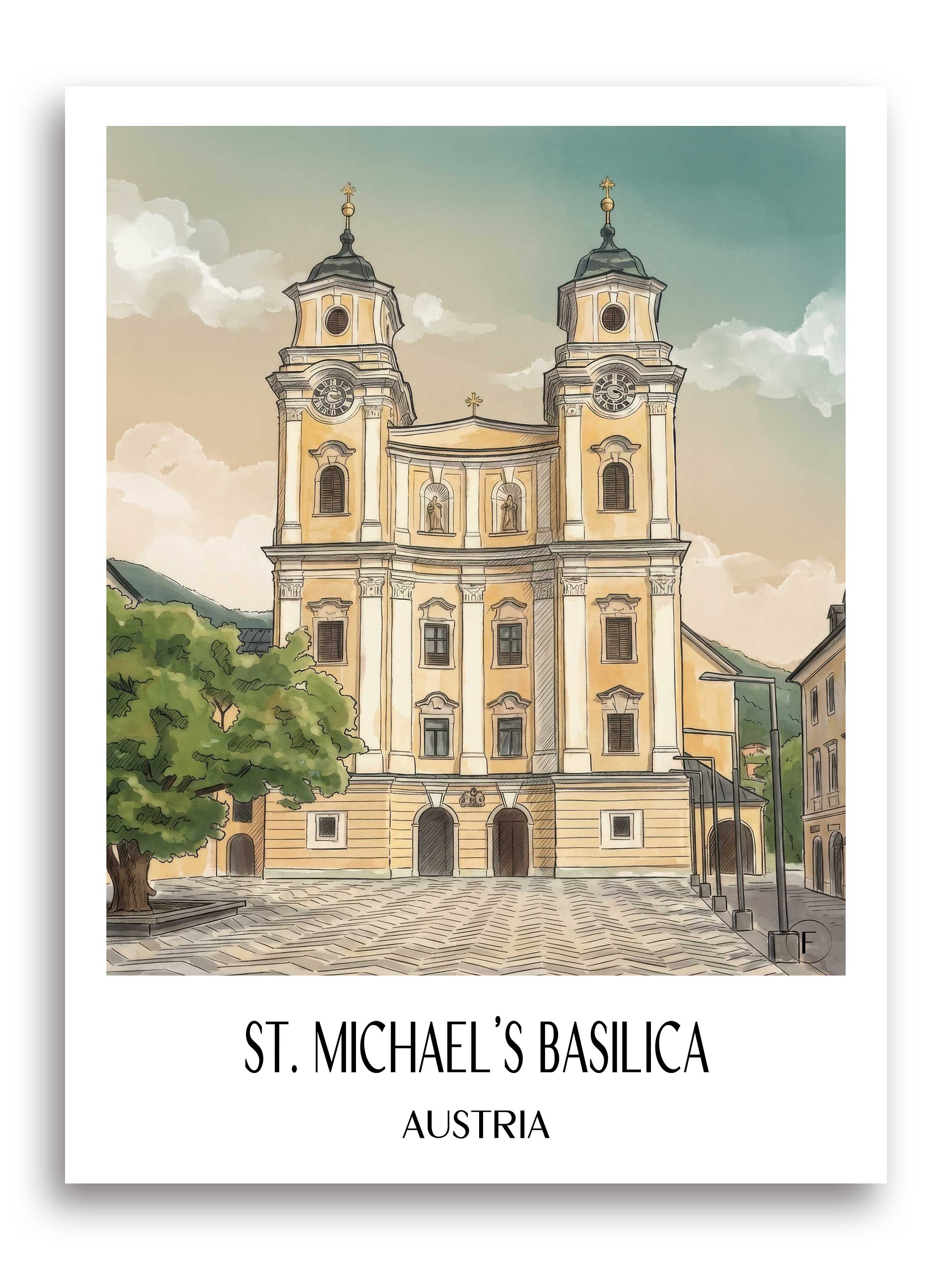 Basilika St. Michael Poster - Mondsee - Österreich Kunstdruck - Aquarell von A4 bis A1 - favplace