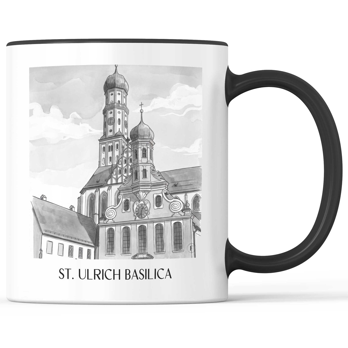 Basilika St. Ulrich Kaffeebecher - Augsburg - Deutschland Becher - Kaffeetasse im Aquarell Schwarz-Weiß Stil - favplace