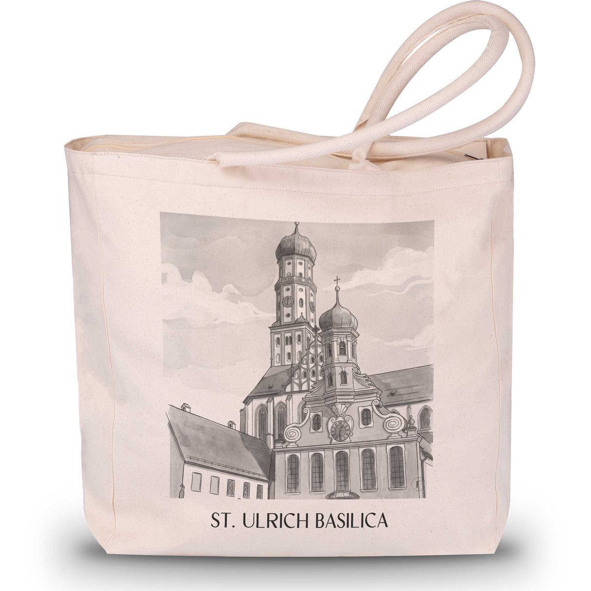 Basilika St. Ulrich Shopping Tasche - Augsburg - Deutschland Tote Bag - Einkaufstasche im Aquarell Schwarz-Weiß Stil - favplace