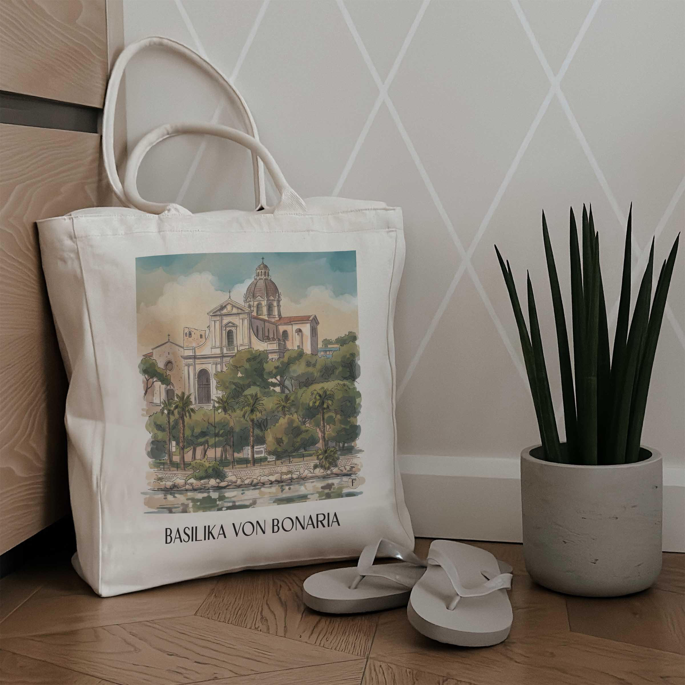 basilika-von-bonaria-cagliari-italien-einkaufstasche-aquarell