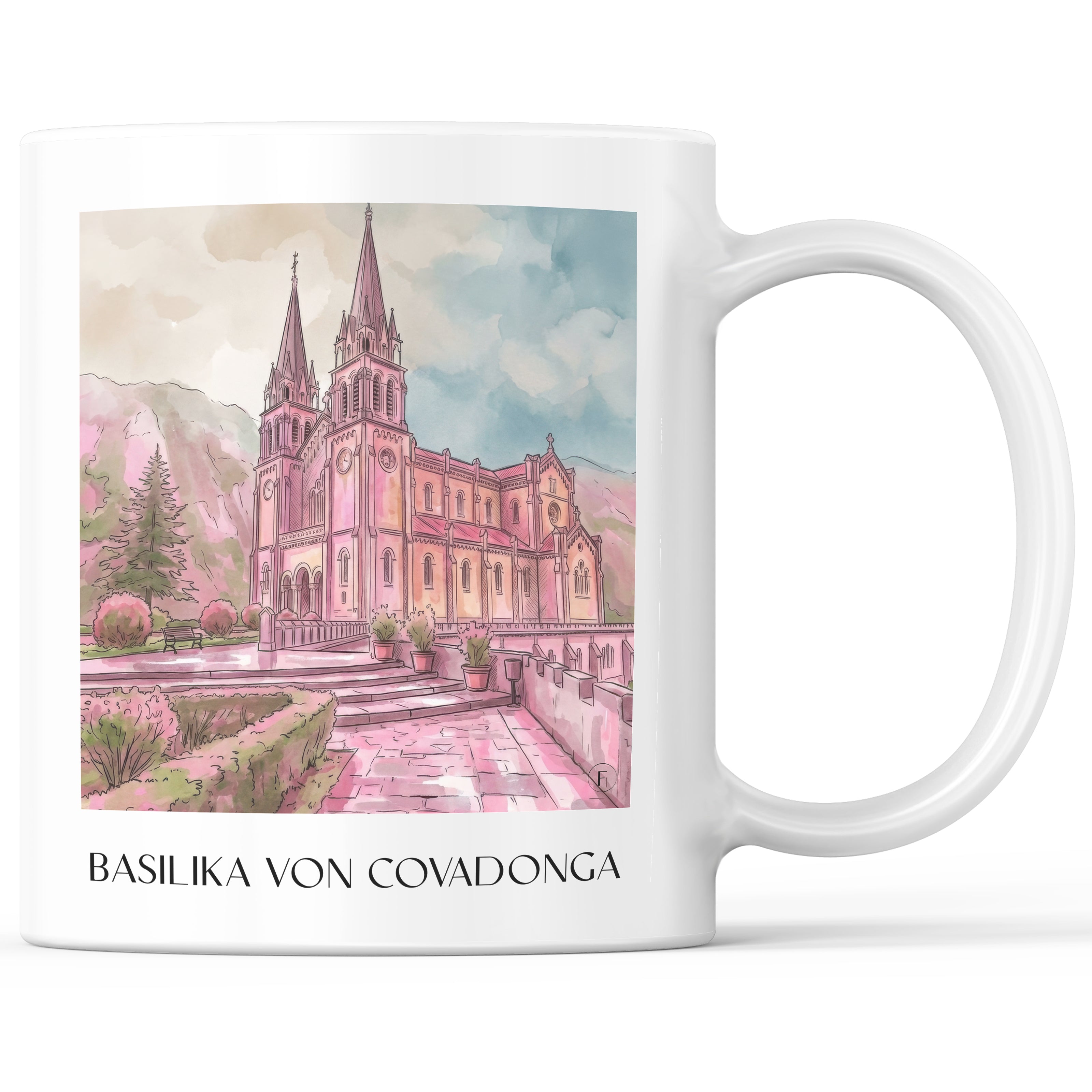 Basilika von Covadonga Kaffeebecher - Spanien - Spanien Becher - Kaffeetasse im Aquarell Pink Stil - favplace