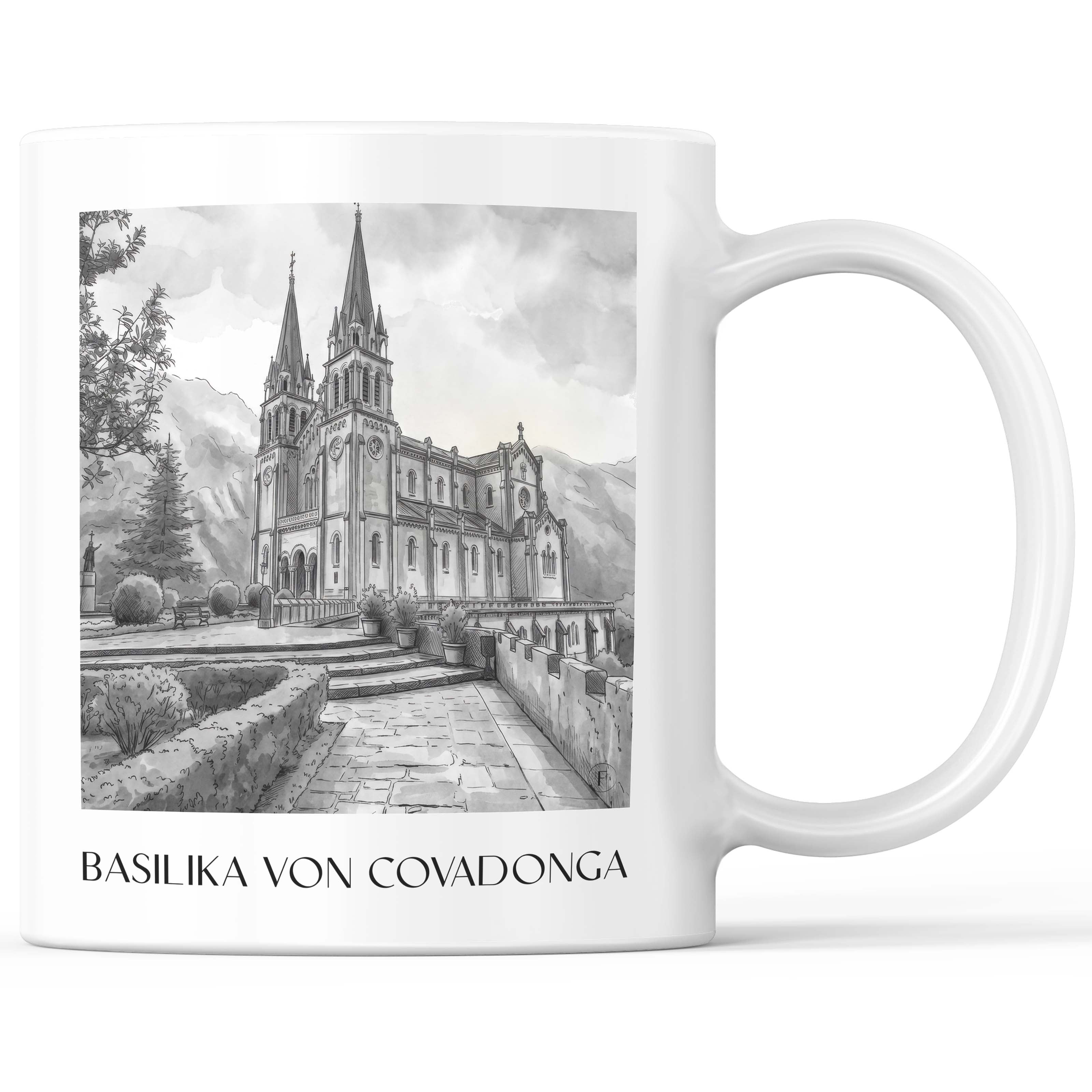 Basilika von Covadonga Kaffeebecher - Spanien - Spanien Becher - Kaffeetasse im Aquarell Schwarz-Weiß Stil - favplace