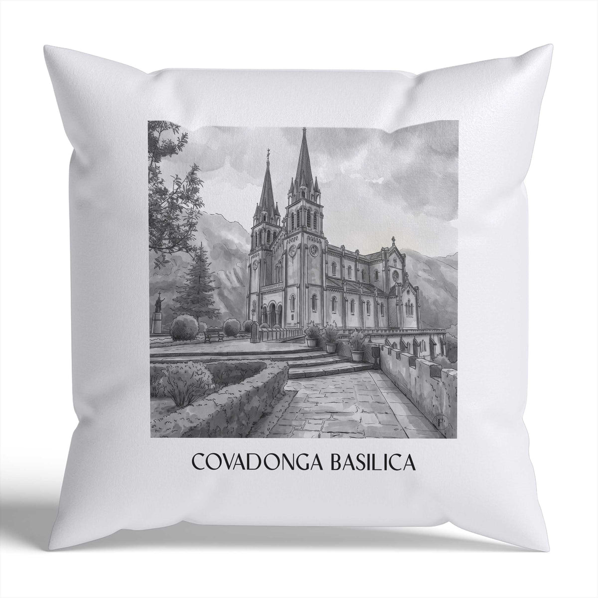 Basilika von Covadonga Kissenhülle - Zierkissen Bezug - Spanien - Spanien Kissen bzw. Kissenbezug im Aquarell Schwarz-Weiß Stil - favplace