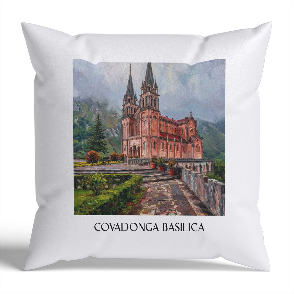 Basilika von Covadonga Kissenhülle - Zierkissen Bezug - Spanien - Spanien Kissen bzw. Kissenbezug im Ölgemälde Stil - favplace