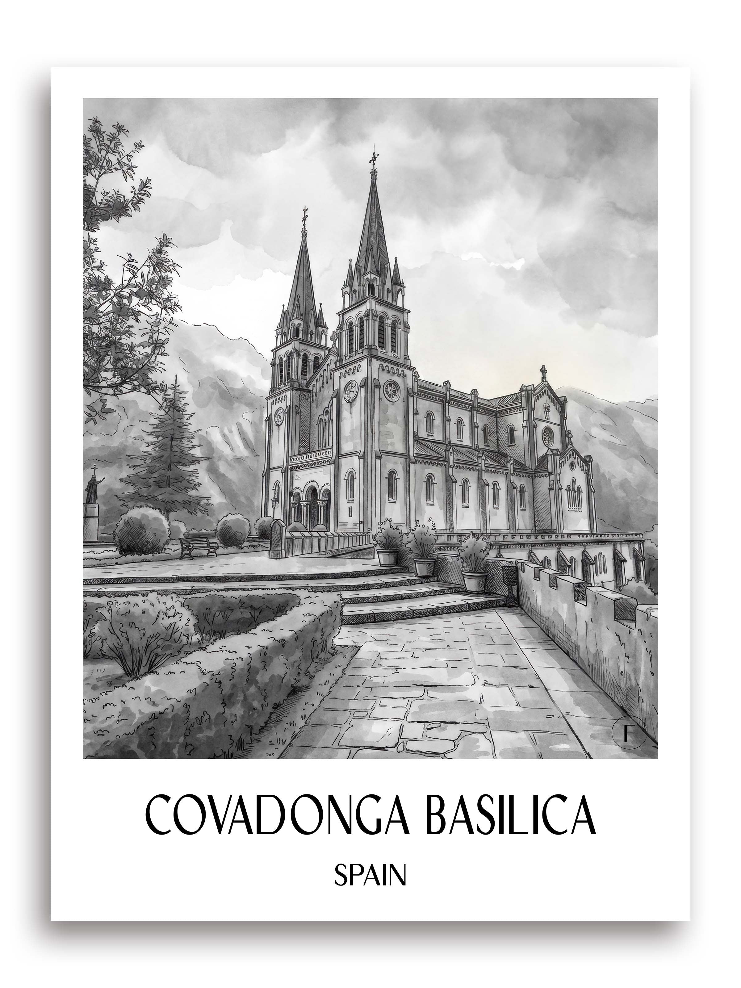 Basilika von Covadonga Poster - Spanien - Spanien Kunstdruck - Aquarell Schwarz-Weiß von A4 bis A1 - favplace