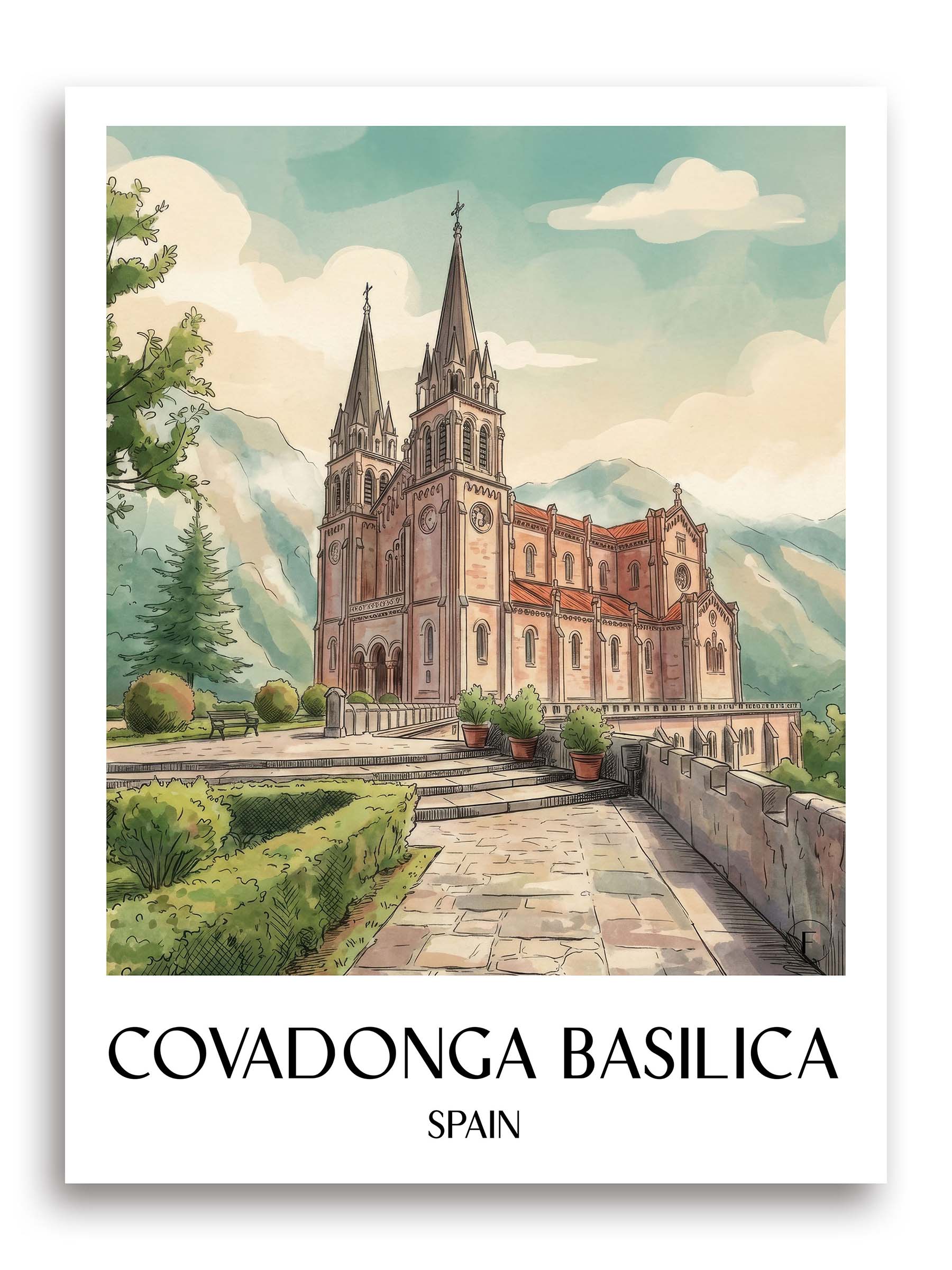 Basilika von Covadonga Poster - Spanien - Spanien Kunstdruck - Aquarell von A4 bis A1 - favplace