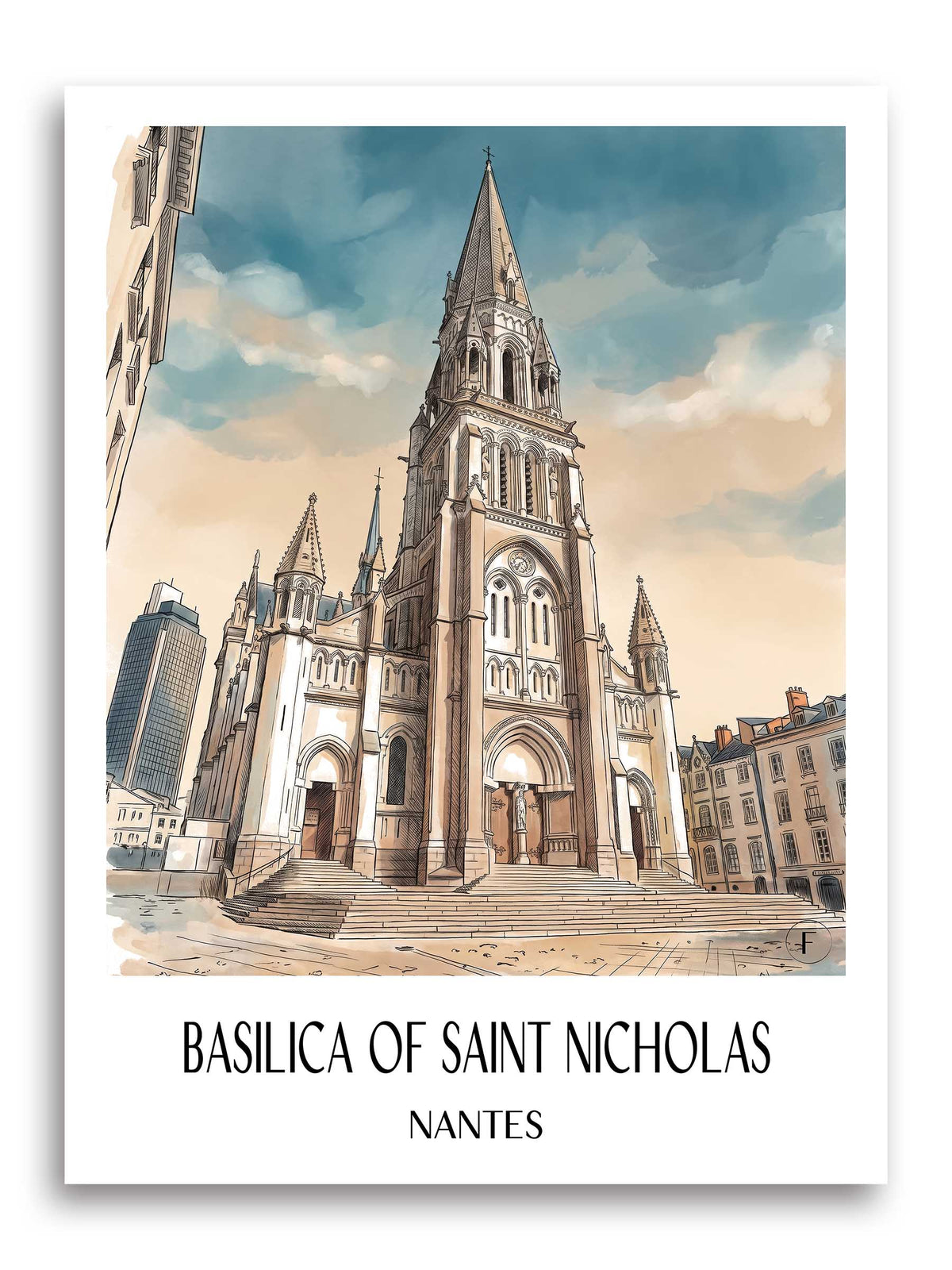 Basilique Saint-Nicolas Poster - Nantes - Frankreich Kunstdruck - Aquarell von A4 bis A1