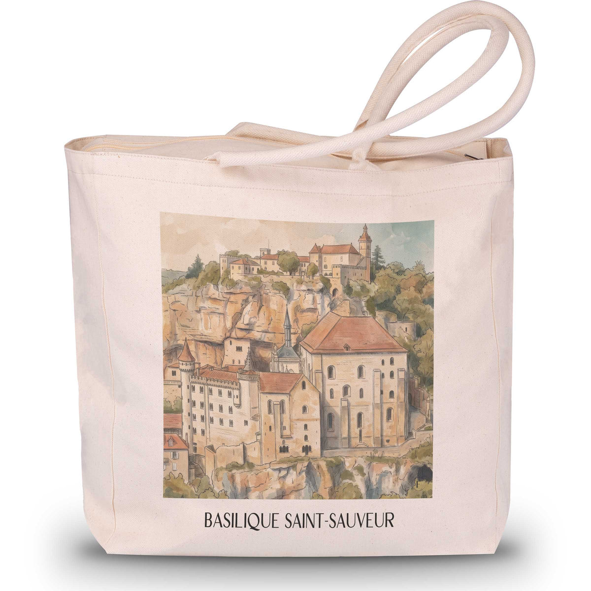 basilique-saint-sauveur-rocamadour-frankreich-einkaufstasche-aquarell