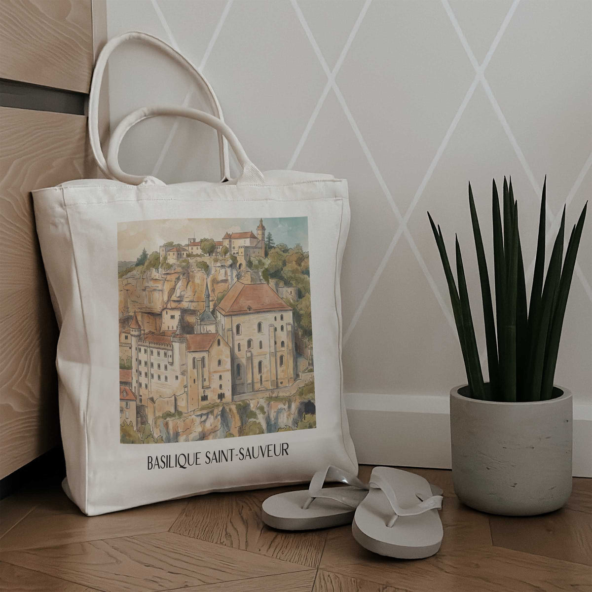 basilique-saint-sauveur-rocamadour-frankreich-einkaufstasche-aquarell