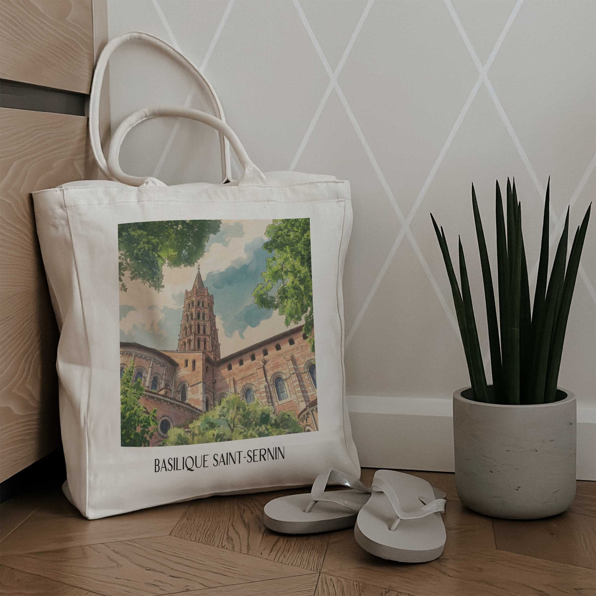 basilique-saint-sernin-toulouse-frankreich-einkaufstasche-aquarell