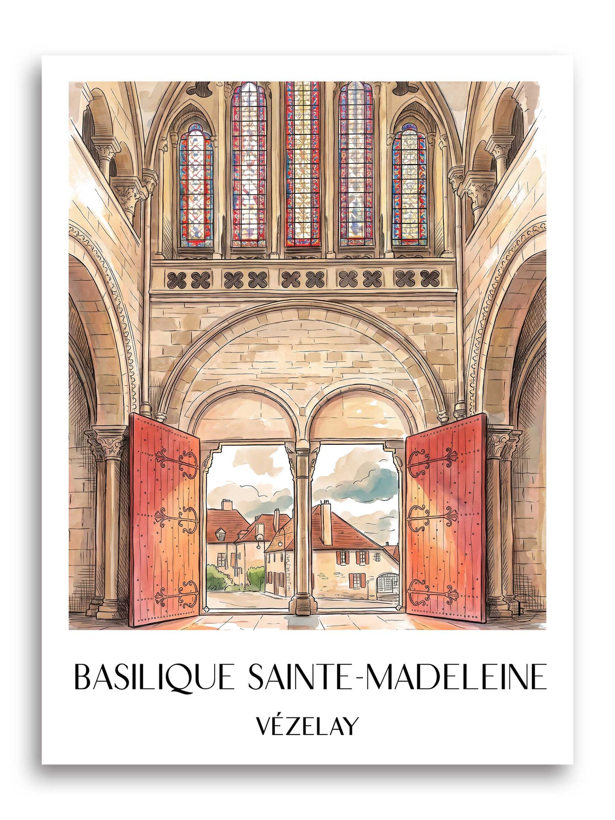 basilique-sainte-madeleine-vézelay-frankreich-poster-aquarell