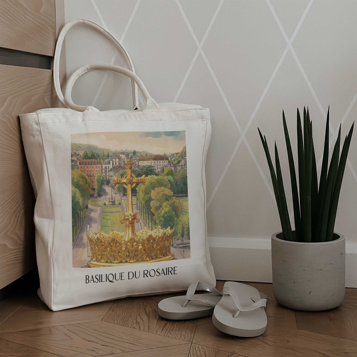 basilique-du-rosaire-lourdes-frankreich-einkaufstasche-aquarell