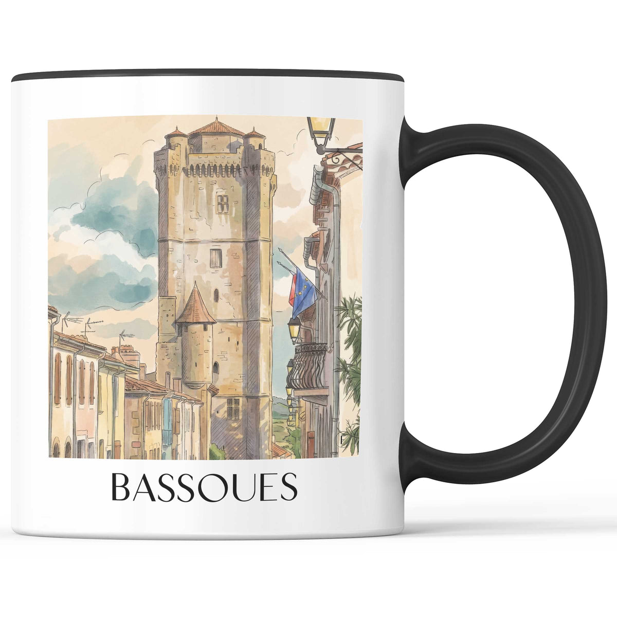 bassoues-okzitanien-frankreich-kaffeebecher-aquarell