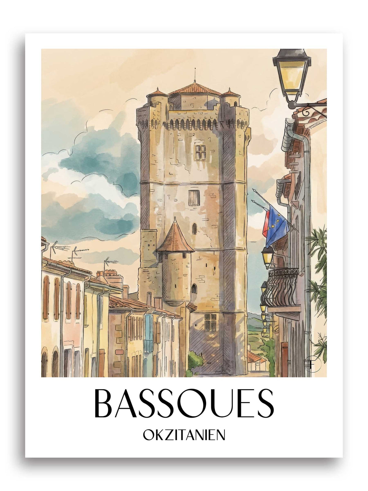 bassoues-okzitanien-frankreich-poster-aquarell