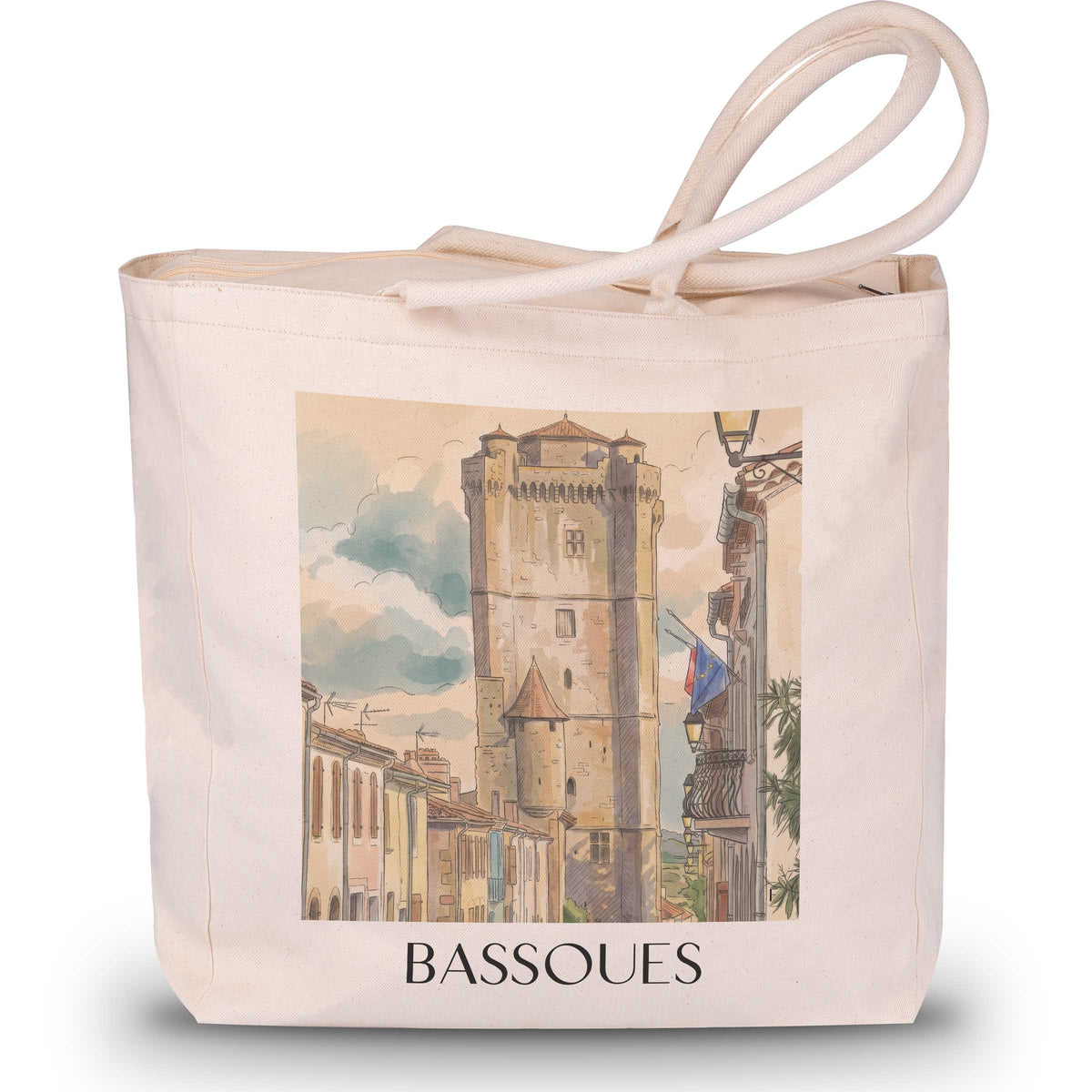bassoues-okzitanien-frankreich-einkaufstasche-aquarell