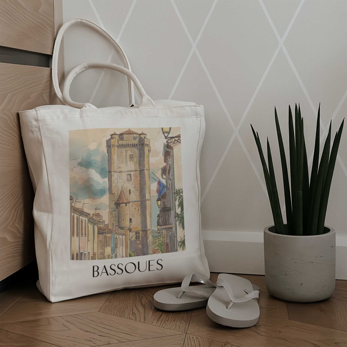bassoues-okzitanien-frankreich-einkaufstasche-aquarell