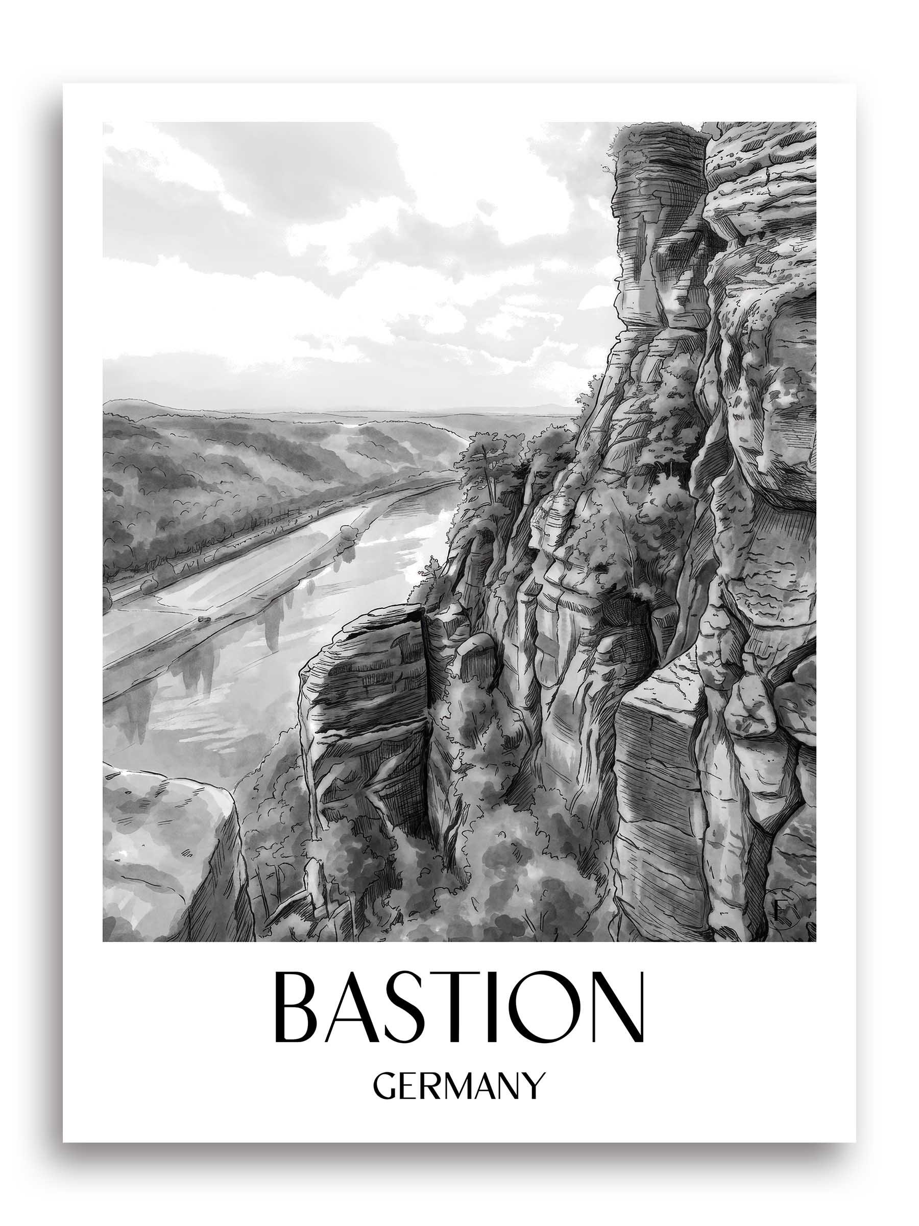 Bastei Poster - Sächsische Schweiz - Deutschland Kunstdruck - Aquarell Schwarz-Weiß von A4 bis A1 - favplace