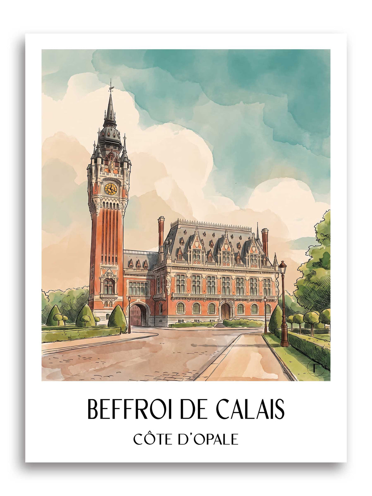 beffroi-de-calais-côte-d'opale-frankreich-poster-aquarell