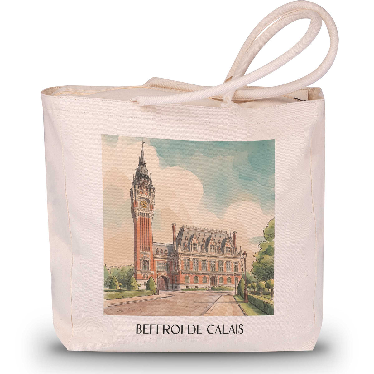 beffroi-de-calais-côte-d'opale-frankreich-einkaufstasche-aquarell