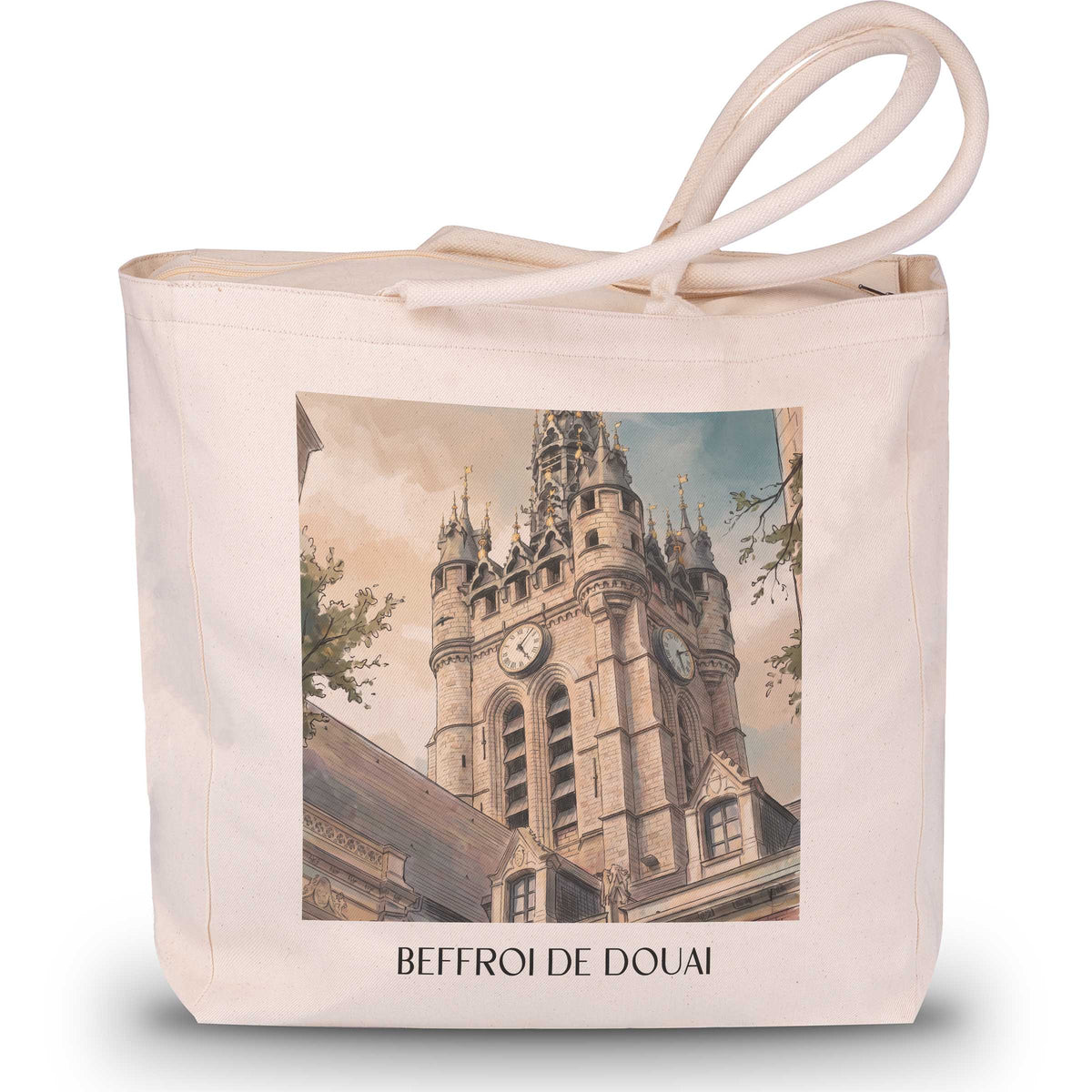 beffroi-de-douai-nord-frankreich-einkaufstasche-aquarell