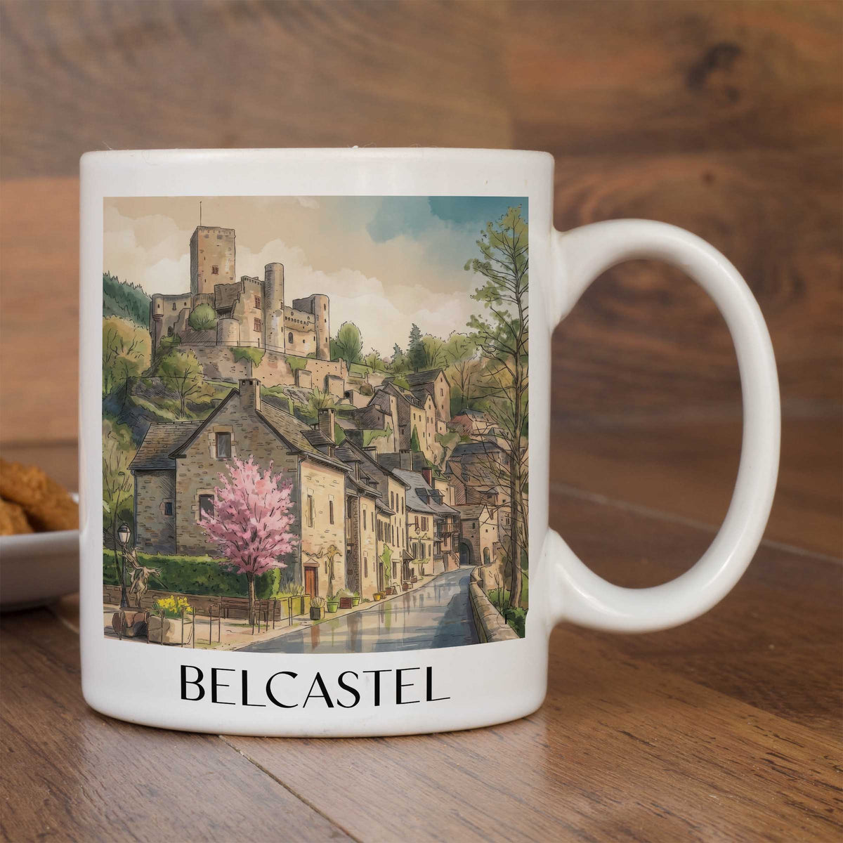belcastel-vallée-de-l'aveyron-frankreich-kaffeebecher-aquarell