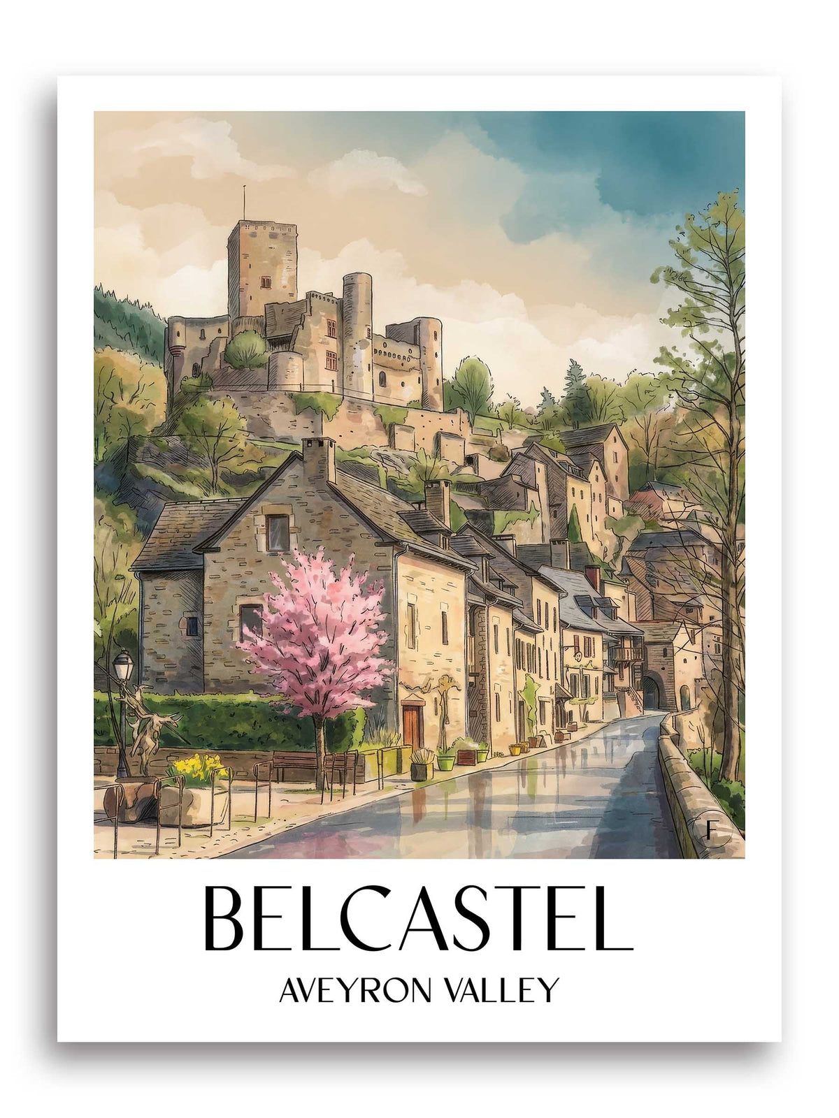Belcastel Poster - Vallée de l'Aveyron - Frankreich Kunstdruck - Aquarell von A4 bis A1 - favplace